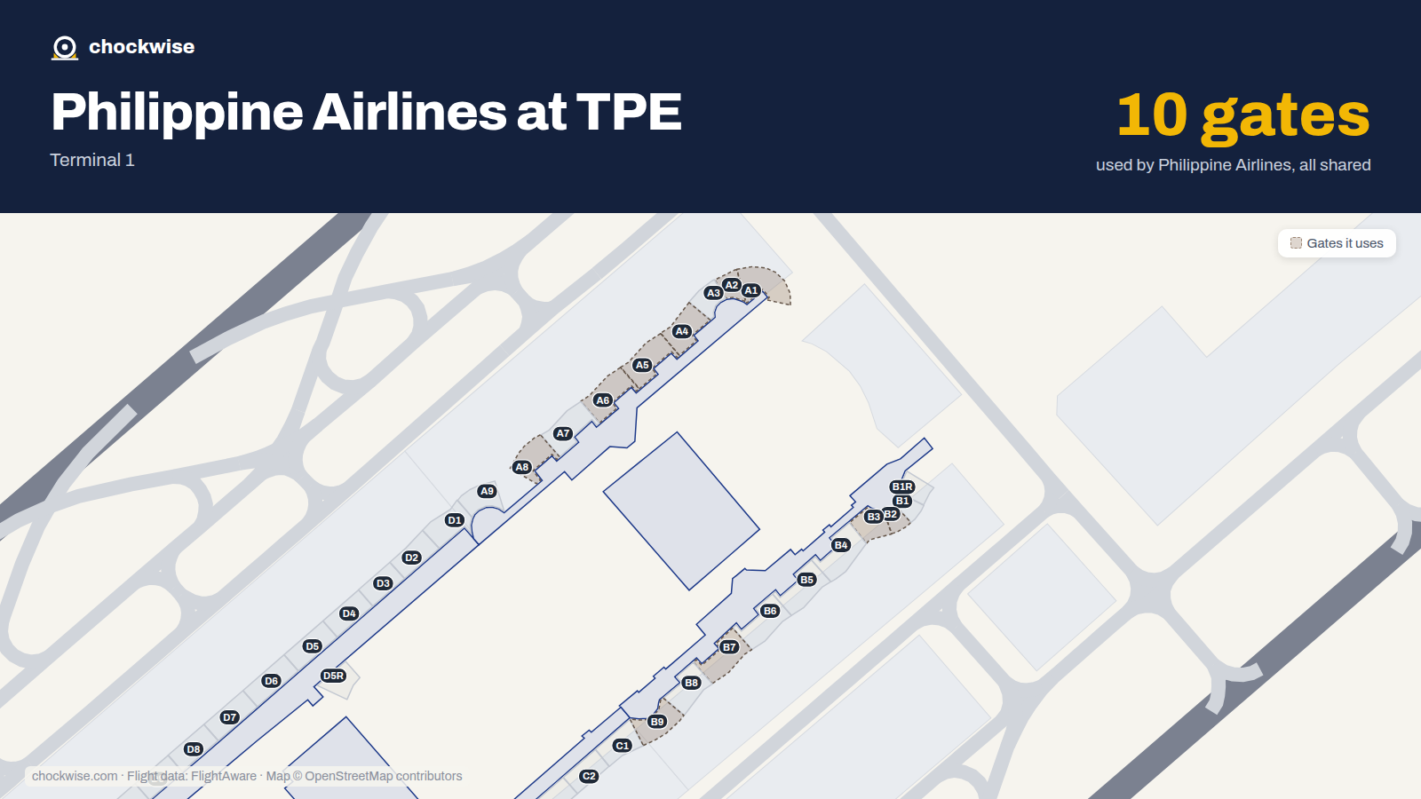 Map of TPE with the gates Philippine Airlines uses highlighted: A1, A2, B2, B3, A4, A5, A6, B7 and 2 more.