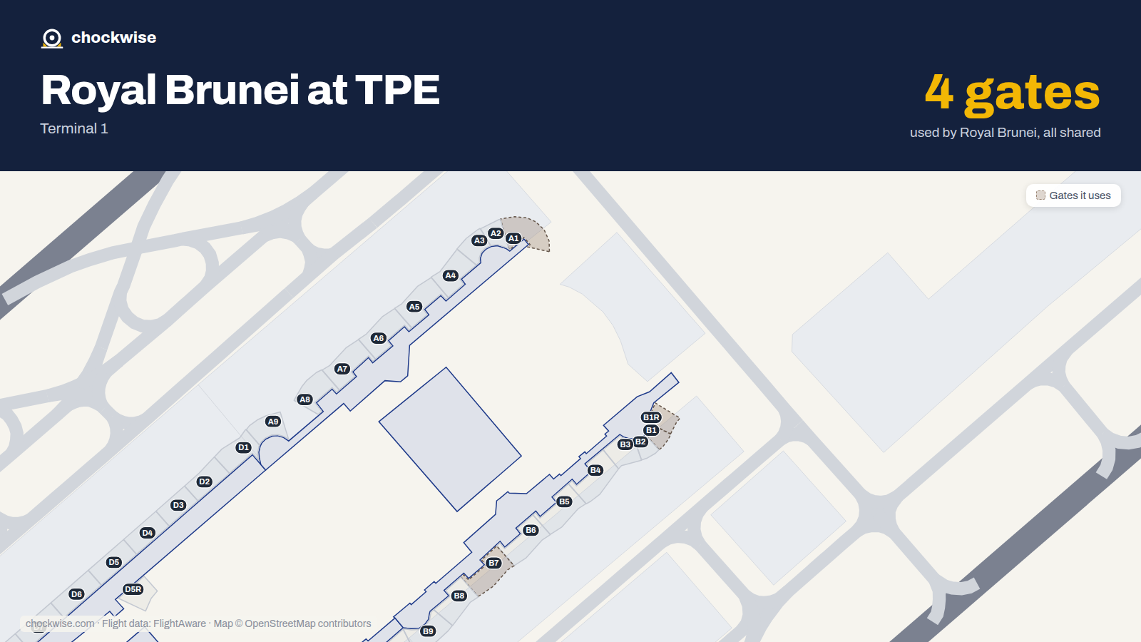 Map of TPE with the gates Royal Brunei Airlines uses highlighted: A1, B1, B1R and B7.