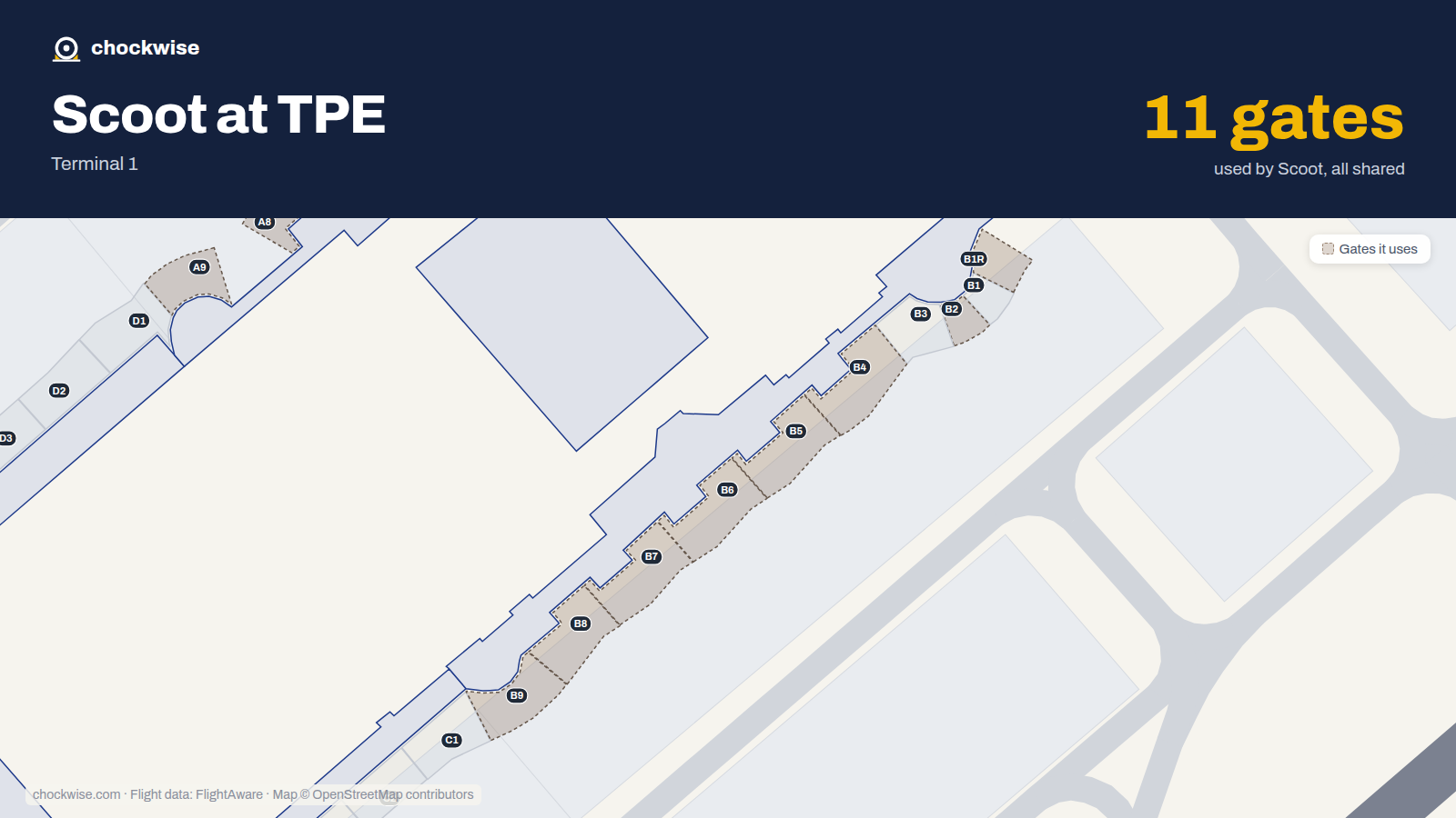 Map of TPE with the gates Scoot uses highlighted: B1R, B2, B4, B5, A6, B6, B7, A8 and 3 more.