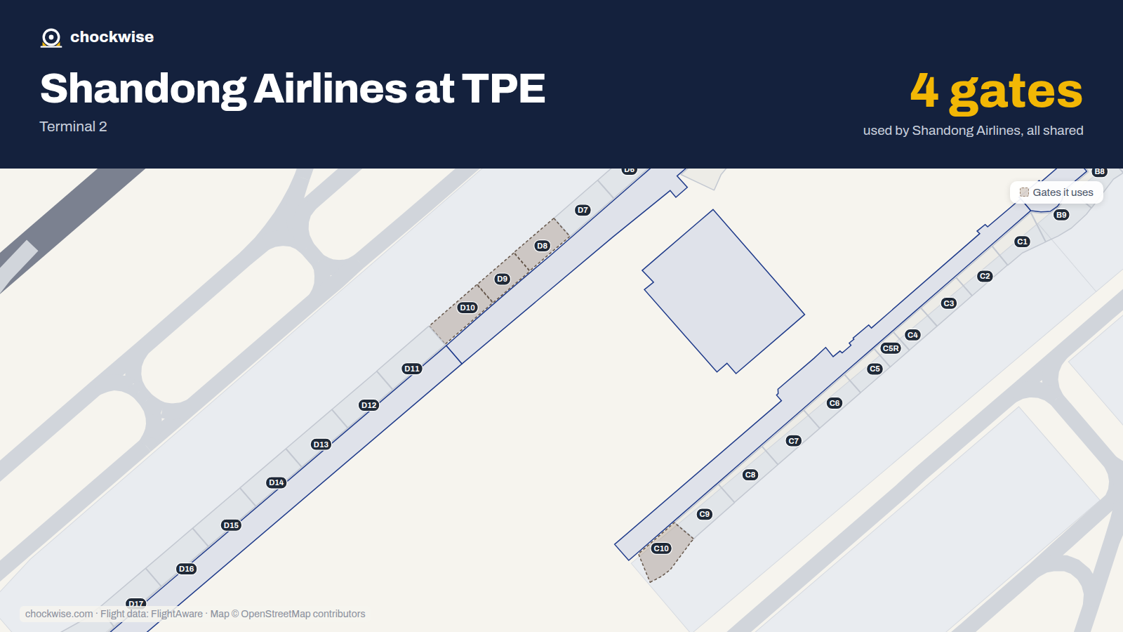 Map of TPE with the gates Shandong Airlines uses highlighted: D8, D9, C10 and D10.