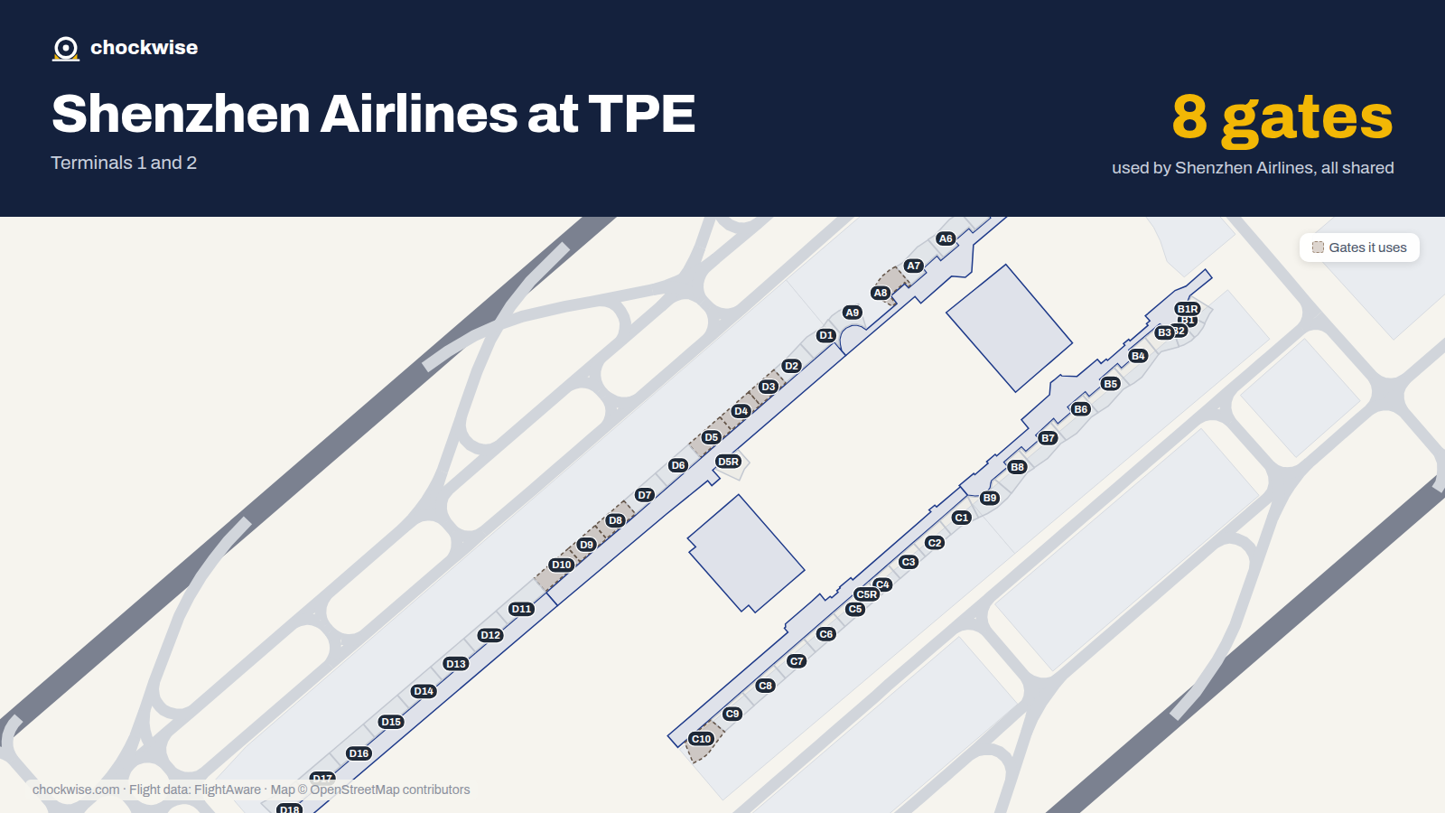 Map of TPE with the gates Shenzhen Airlines uses highlighted: D3, D4, D5, A8, D8, D9, C10 and D10.