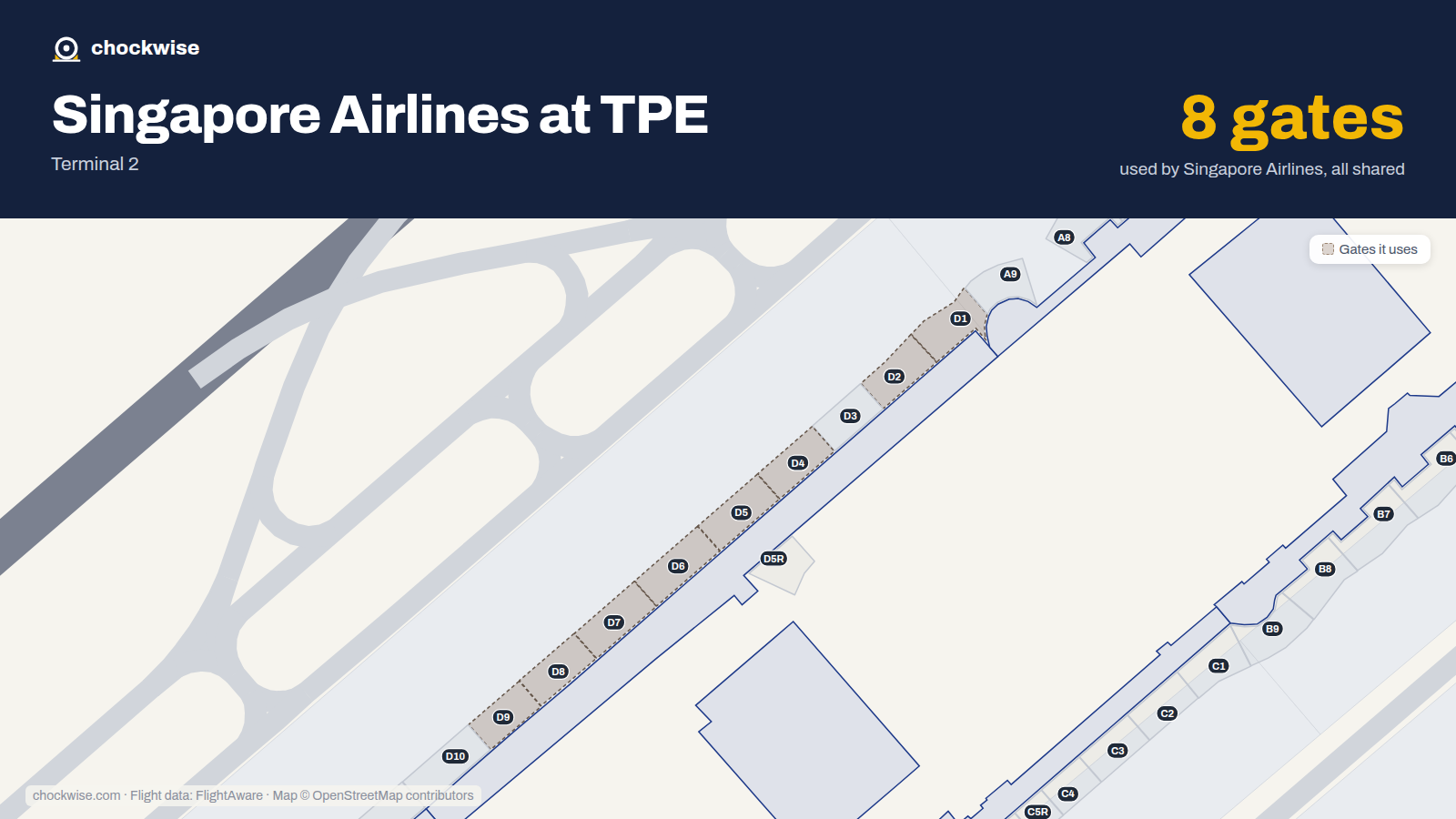 Map of TPE with the gates Singapore Airlines uses highlighted: D1, D2, D4, D5, D6, D7, D8 and D9.
