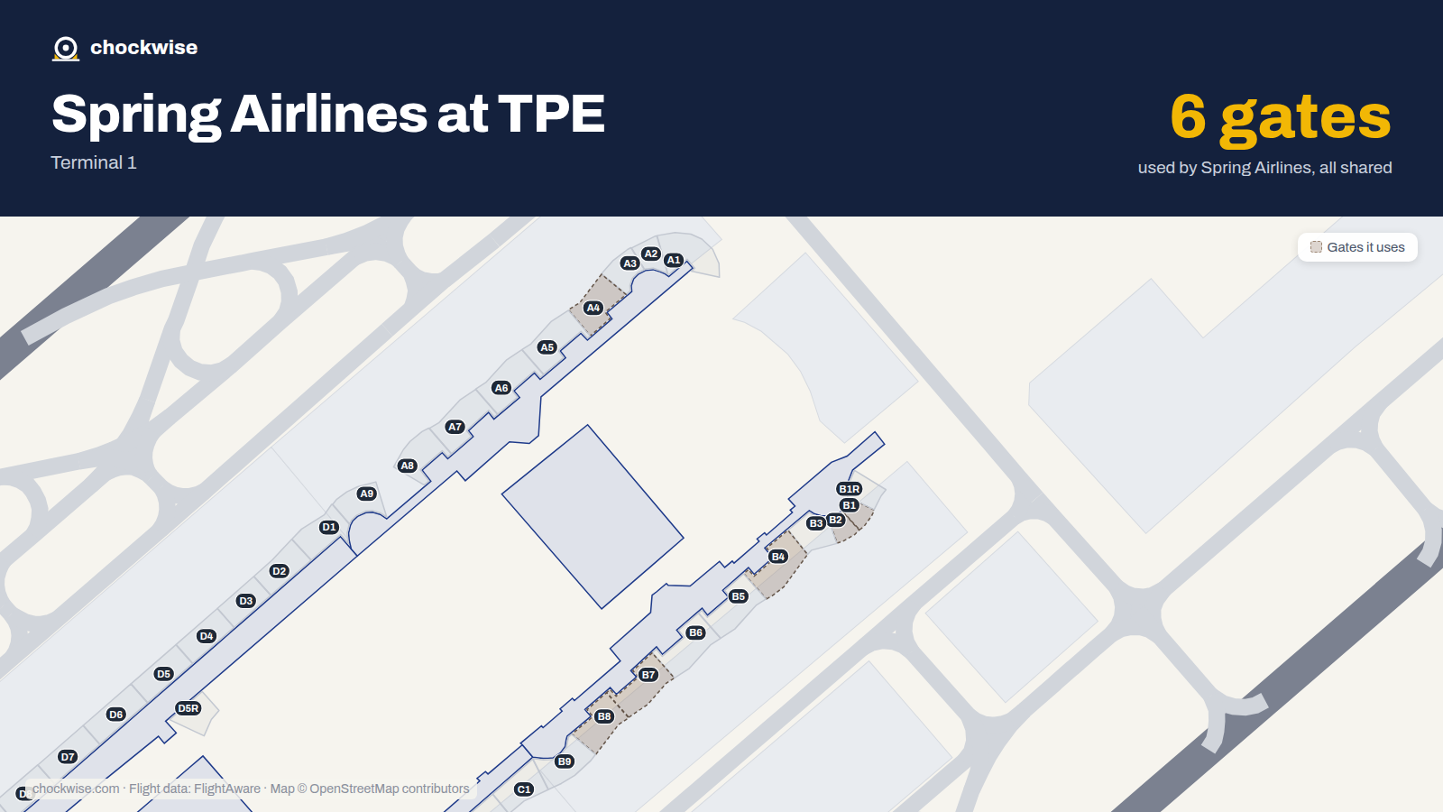 Map of TPE with the gates Spring Airlines uses highlighted: B1, B2, A4, B4, B7 and B8.