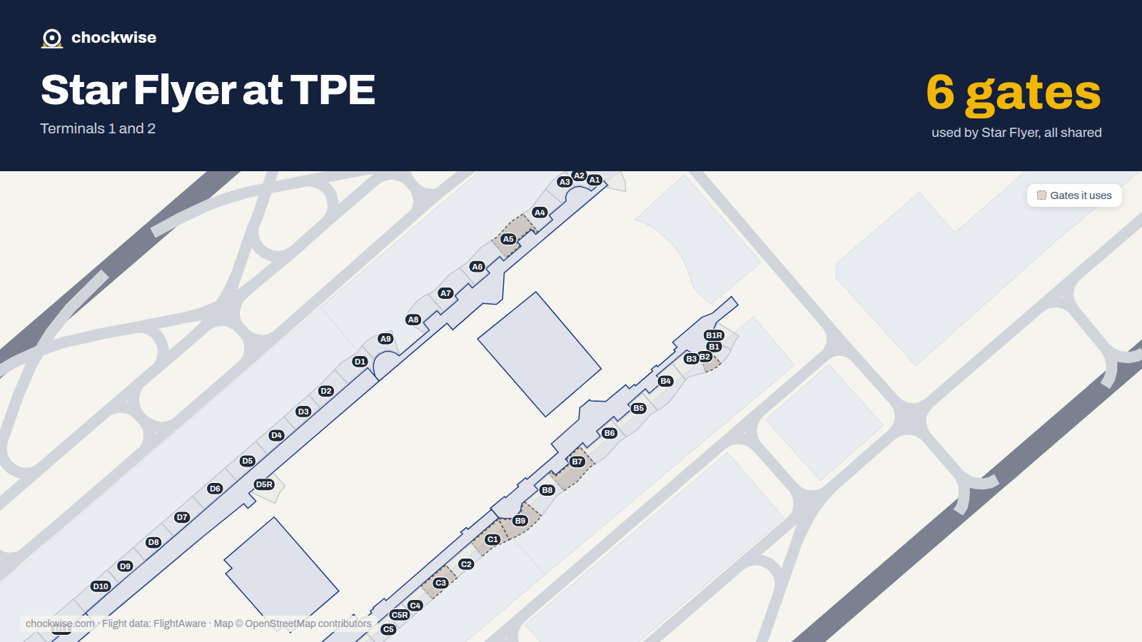 Map of TPE with the gates Star Flyer uses highlighted: C1, B2, C3, A5, B7 and B9.