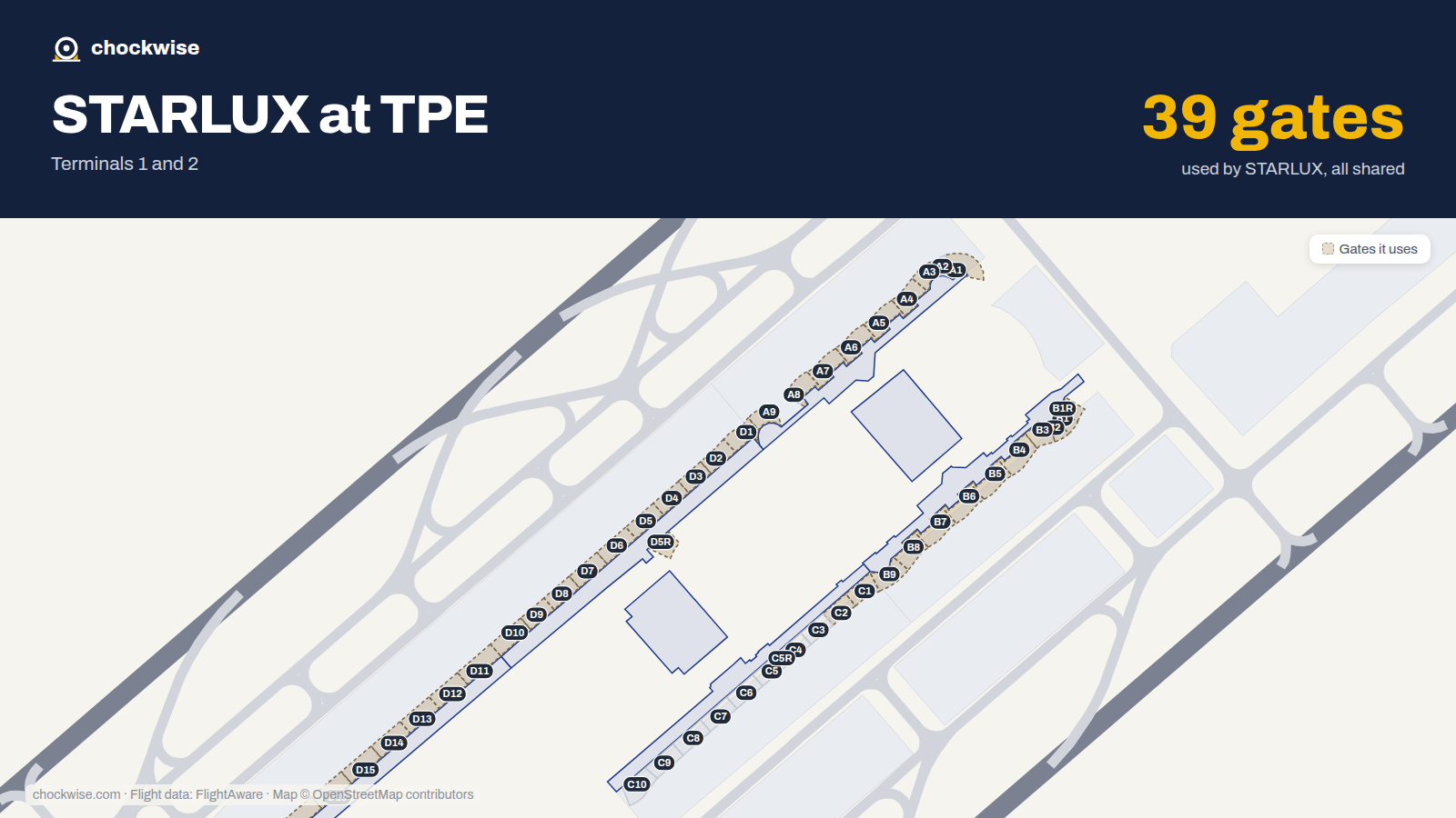 Map of TPE with the gates STARLUX Airlines uses highlighted: A1, B1, B1R, C1, D1, B2, C2, D2 and 31 more.