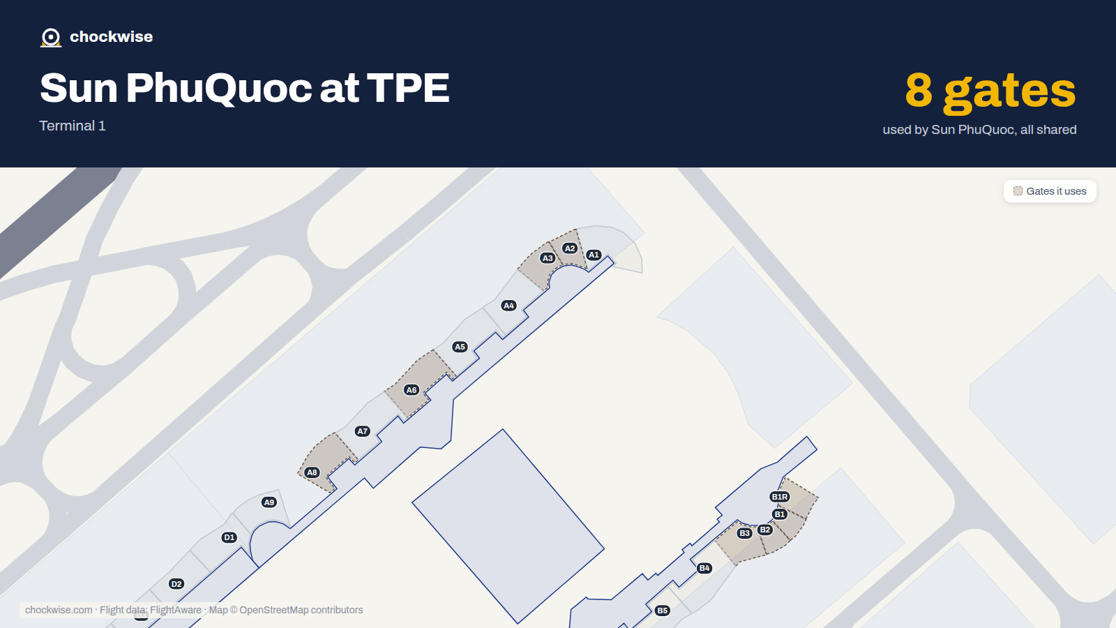 Map of TPE with the gates Sun PhuQuoc Airways uses highlighted: B1, B1R, A2, B2, A3, B3, A6 and A8.