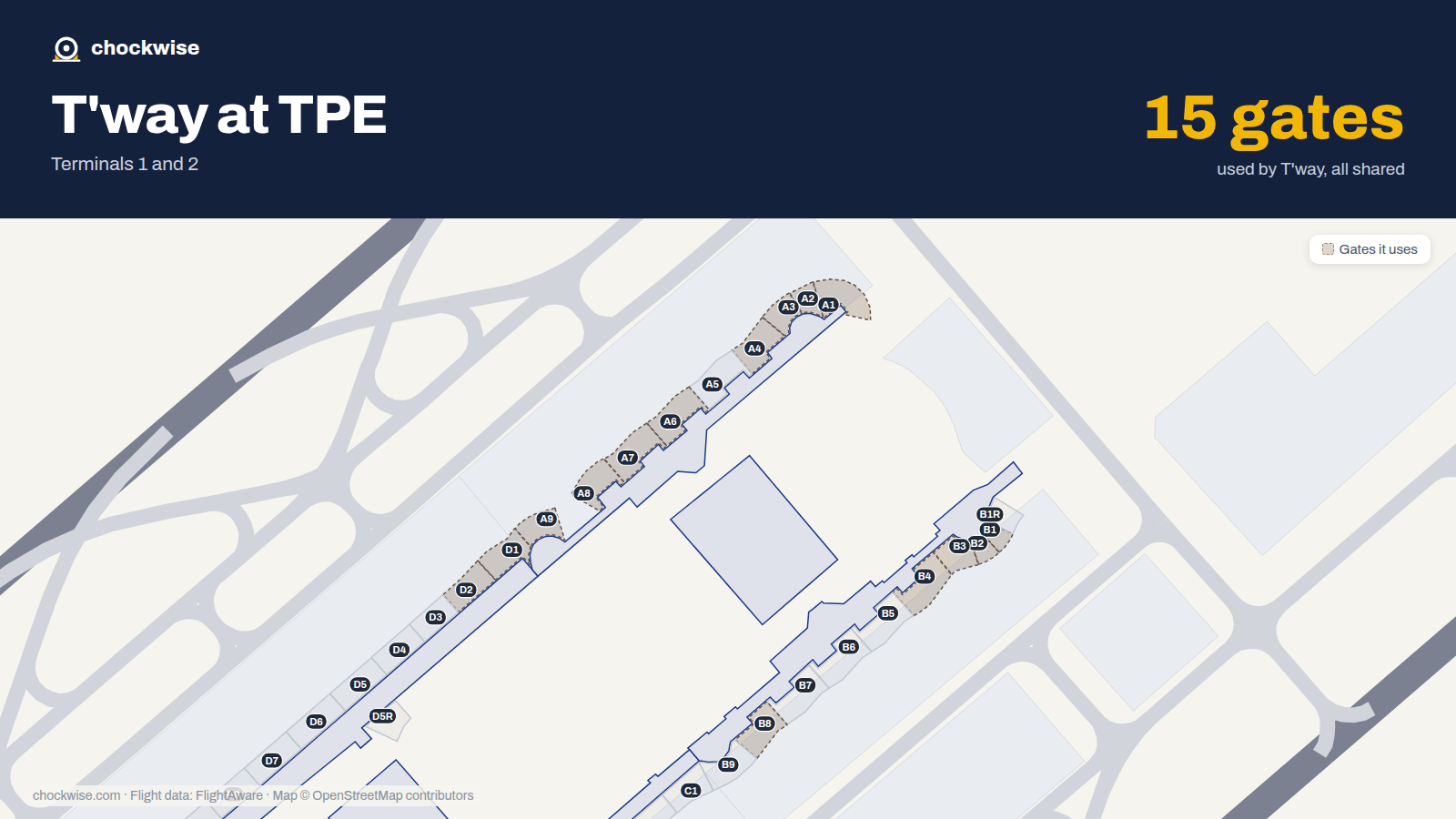 Map of TPE with the gates T'way Air uses highlighted: A1, B1, D1, A2, B2, D2, A3, B3 and 7 more.