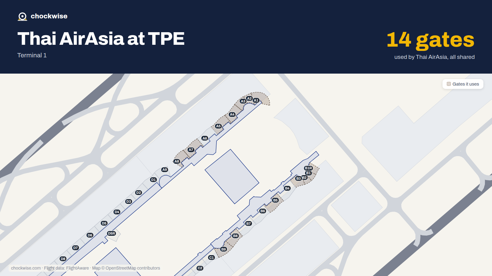 Map of TPE with the gates Thai AirAsia uses highlighted: A1, B1, B1R, A2, B2, A3, B3, A4 and 6 more.