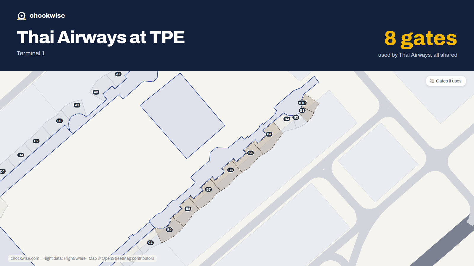Map of TPE with the gates Thai Airways uses highlighted: B1, B1R, B4, B5, B6, B7, B8 and B9.