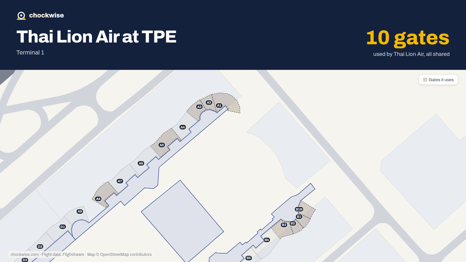 Map of TPE with the gates Thai Lion Air uses highlighted: A1, B1, B1R, A2, B2, A3, B3, A5 and 2 more.