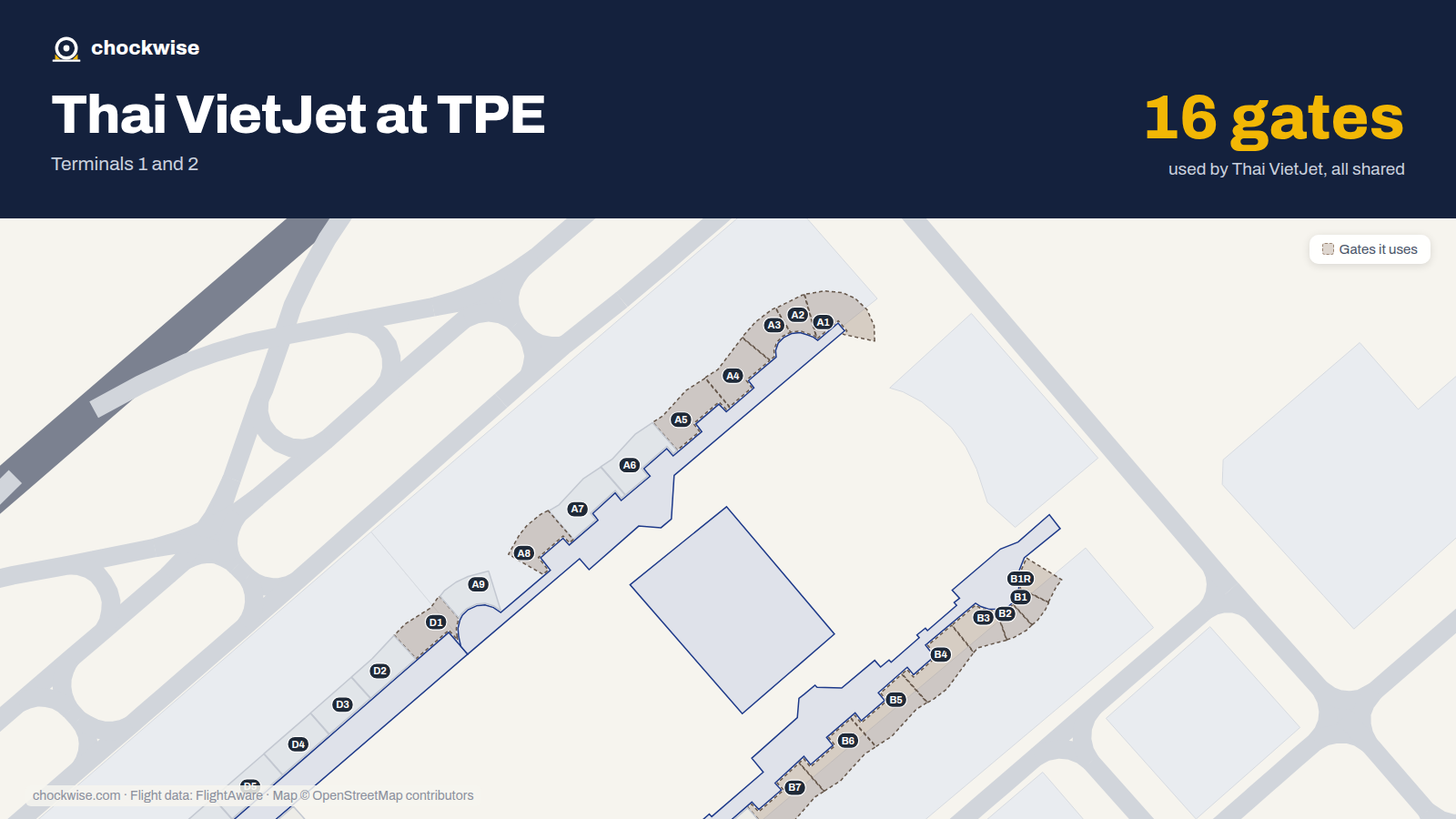 Map of TPE with the gates Thai VietJet Air uses highlighted: A1, B1, B1R, C1, D1, A2, B2, A3 and 8 more.