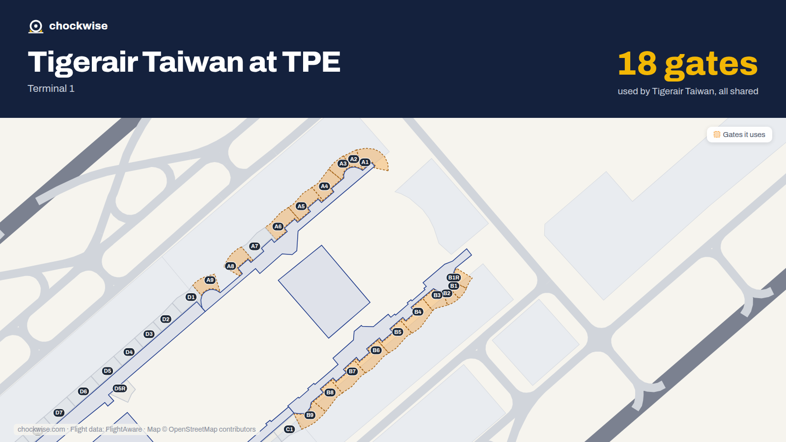 Map of TPE with the gates Tigerair Taiwan uses highlighted: A1, B1, B1R, A2, B2, A3, B3, A4 and 10 more.