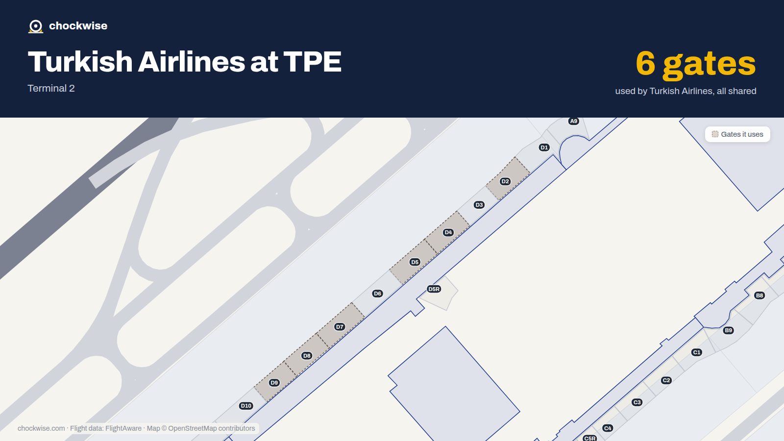 Map of TPE with the gates Turkish Airlines uses highlighted: D2, D4, D5, D7, D8 and D9.