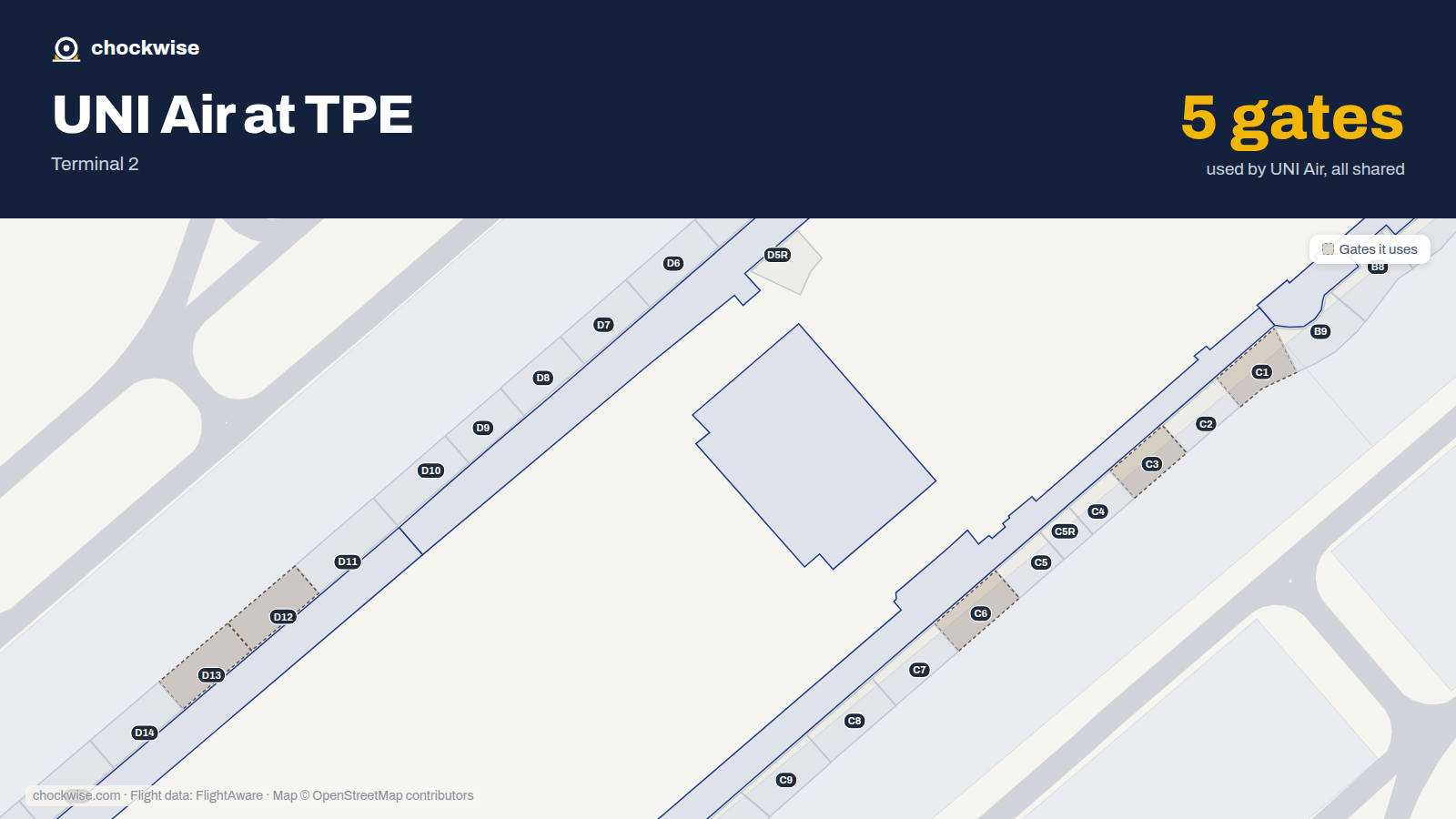Map of TPE with the gates UNI Air uses highlighted: C1, C3, C6, D12 and D13.