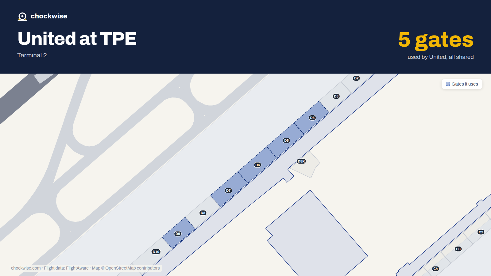 Map of TPE with the gates United Airlines uses highlighted: D4, D5, D6, D7 and D9.