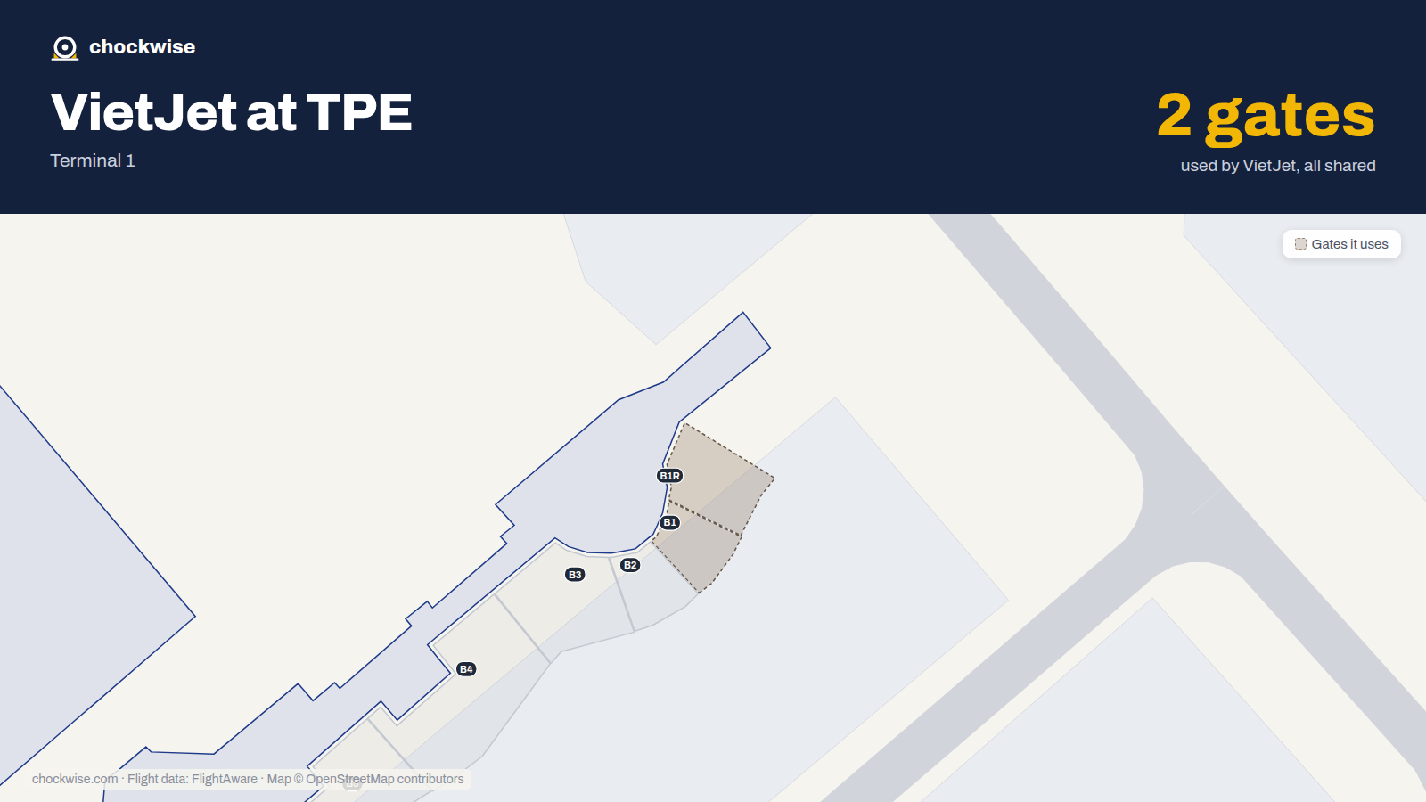 Map of TPE with the gates VietJet Air uses highlighted: B1 and B1R.