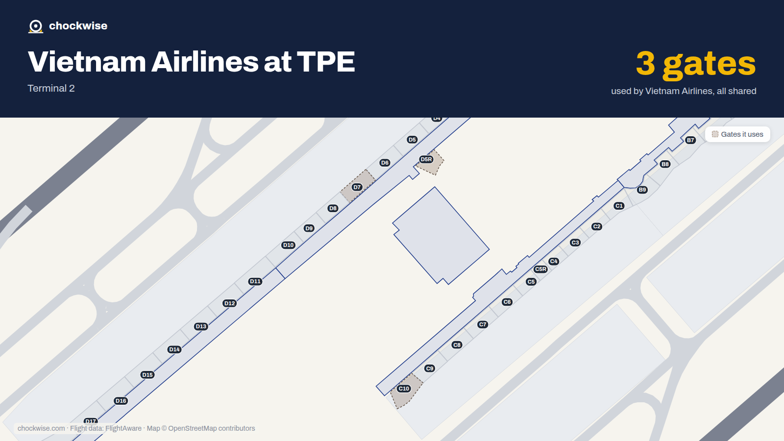 Map of TPE with the gates Vietnam Airlines uses highlighted: D5R, D7 and C10.
