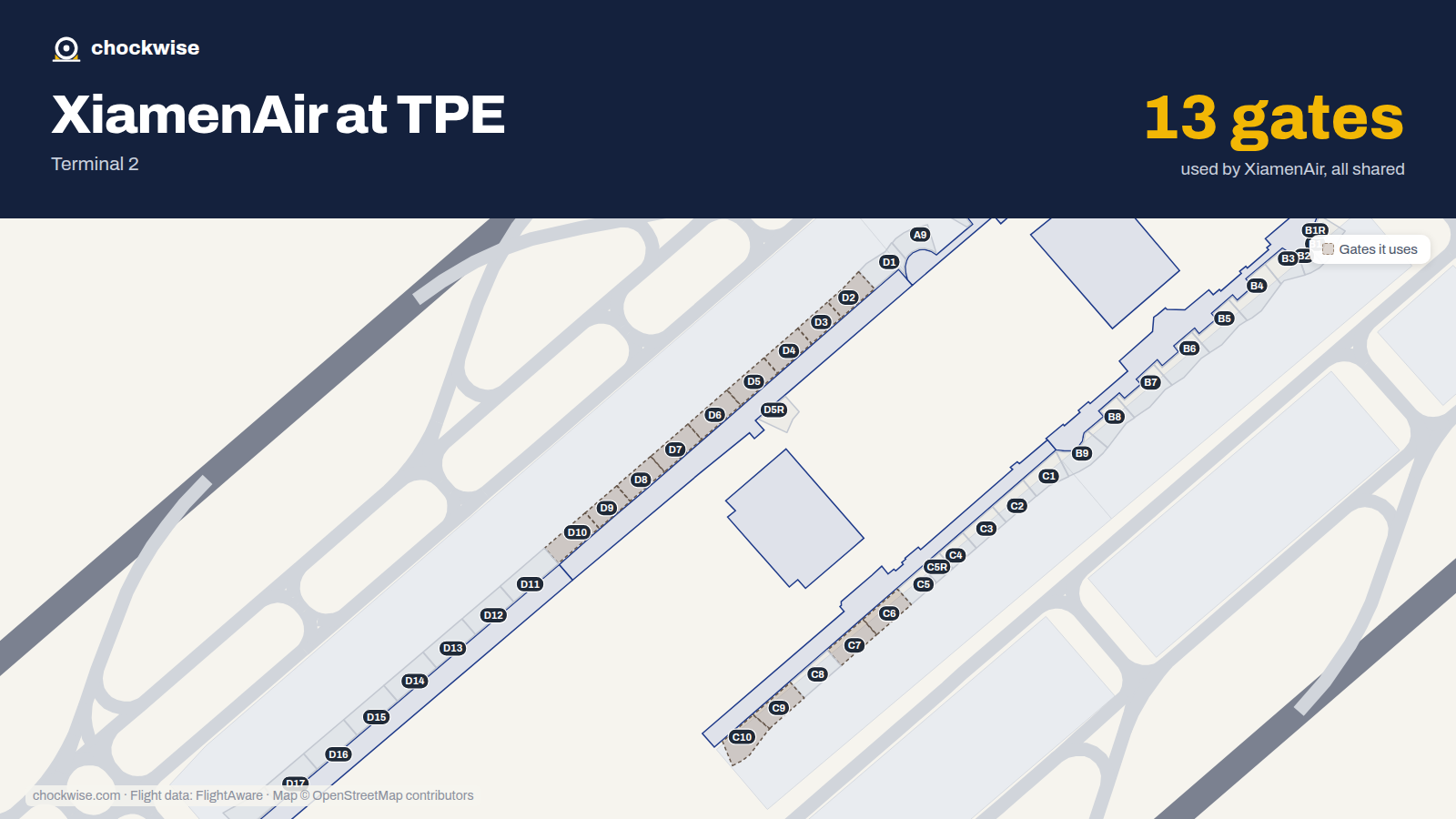 Map of TPE with the gates Xiamen Airlines uses highlighted: D2, D3, D4, D5, C6, D6, C7, D7 and 5 more.