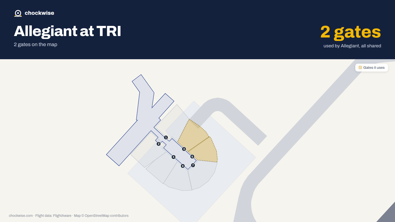 Map of TRI with the gates Allegiant Air uses highlighted: 3 and 5.