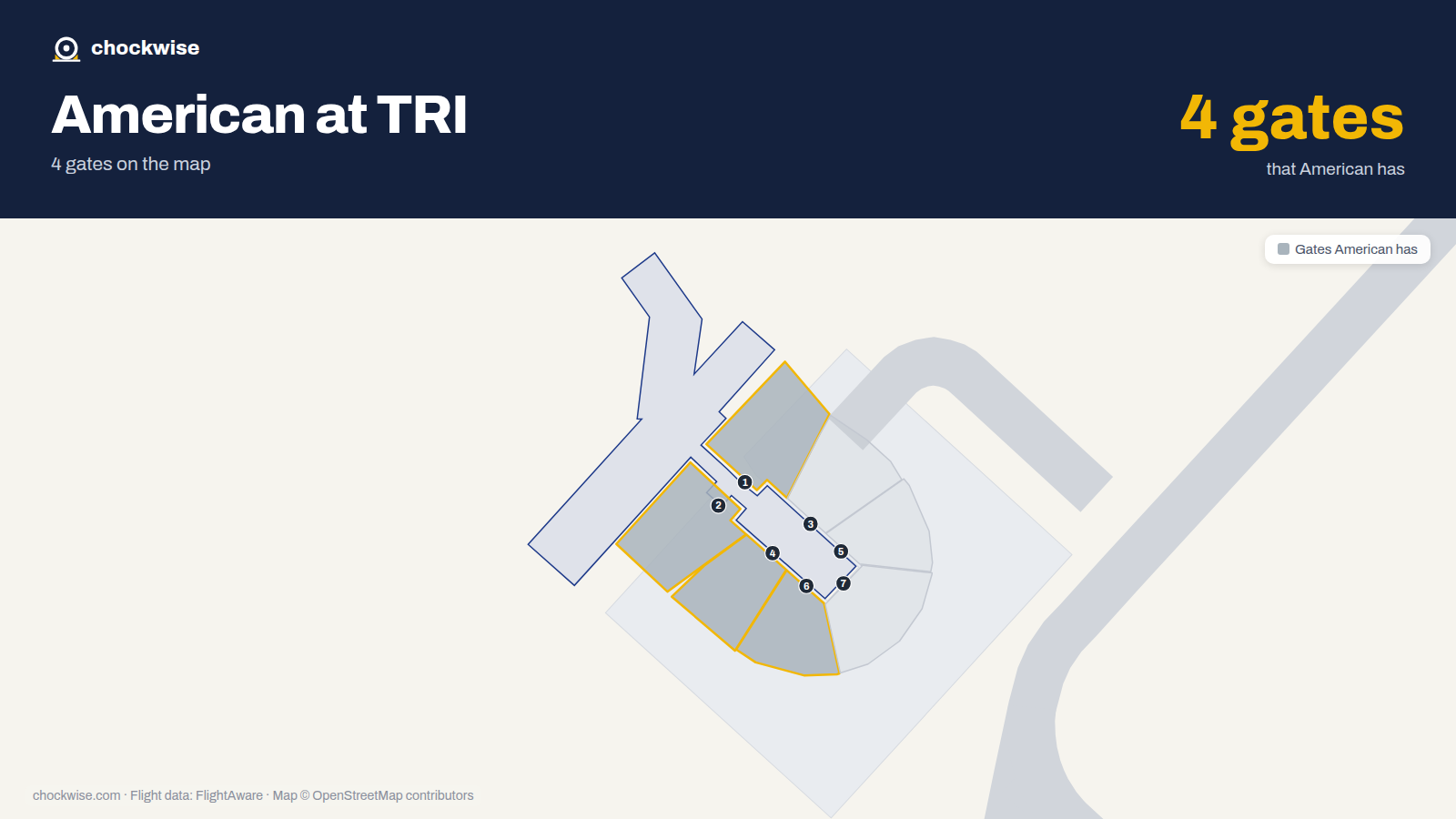 Map of TRI with the gates American Airlines uses highlighted: 1, 2, 4 and 6.