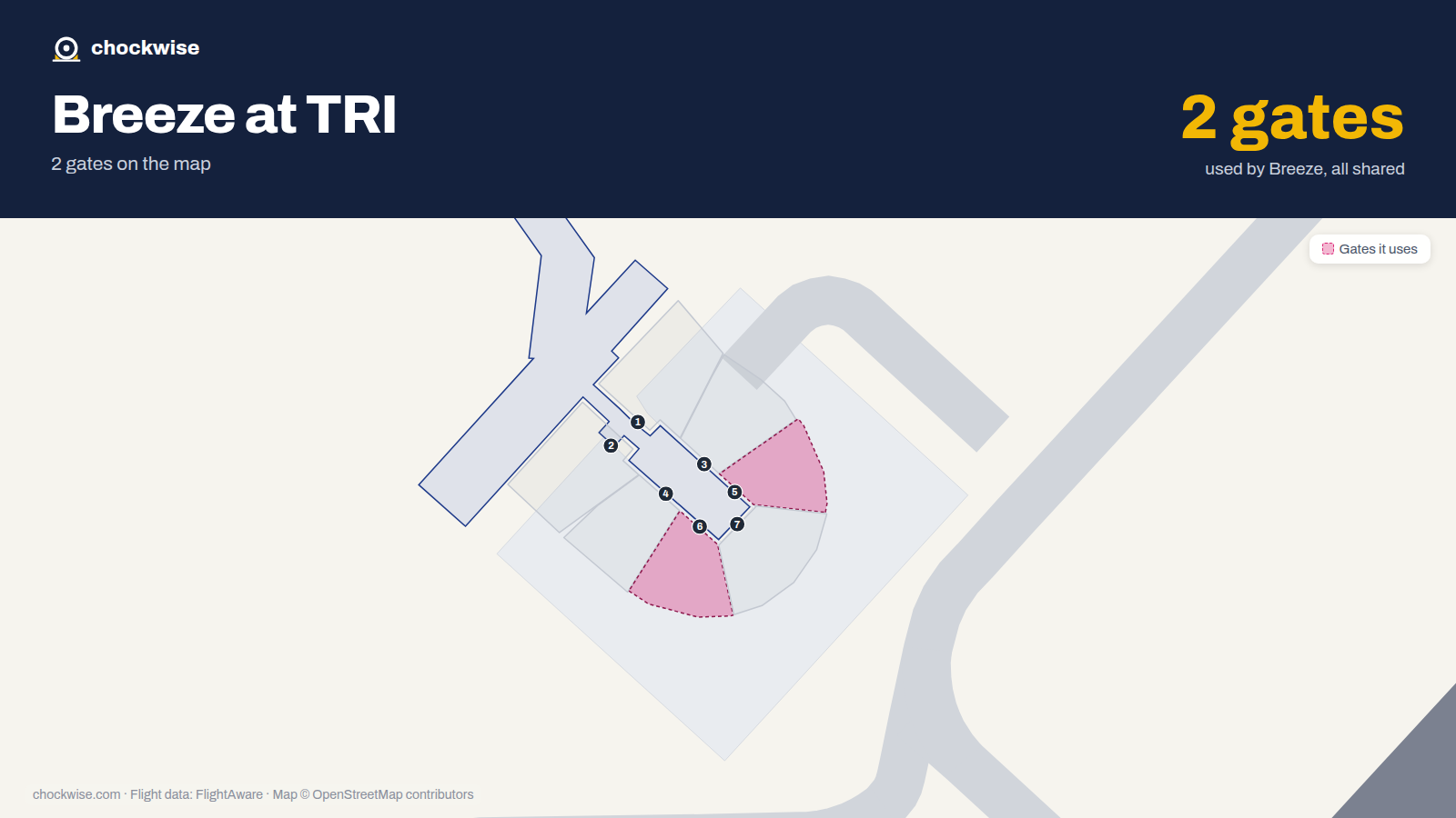Map of TRI with the gates Breeze Airways uses highlighted: 5 and 6.