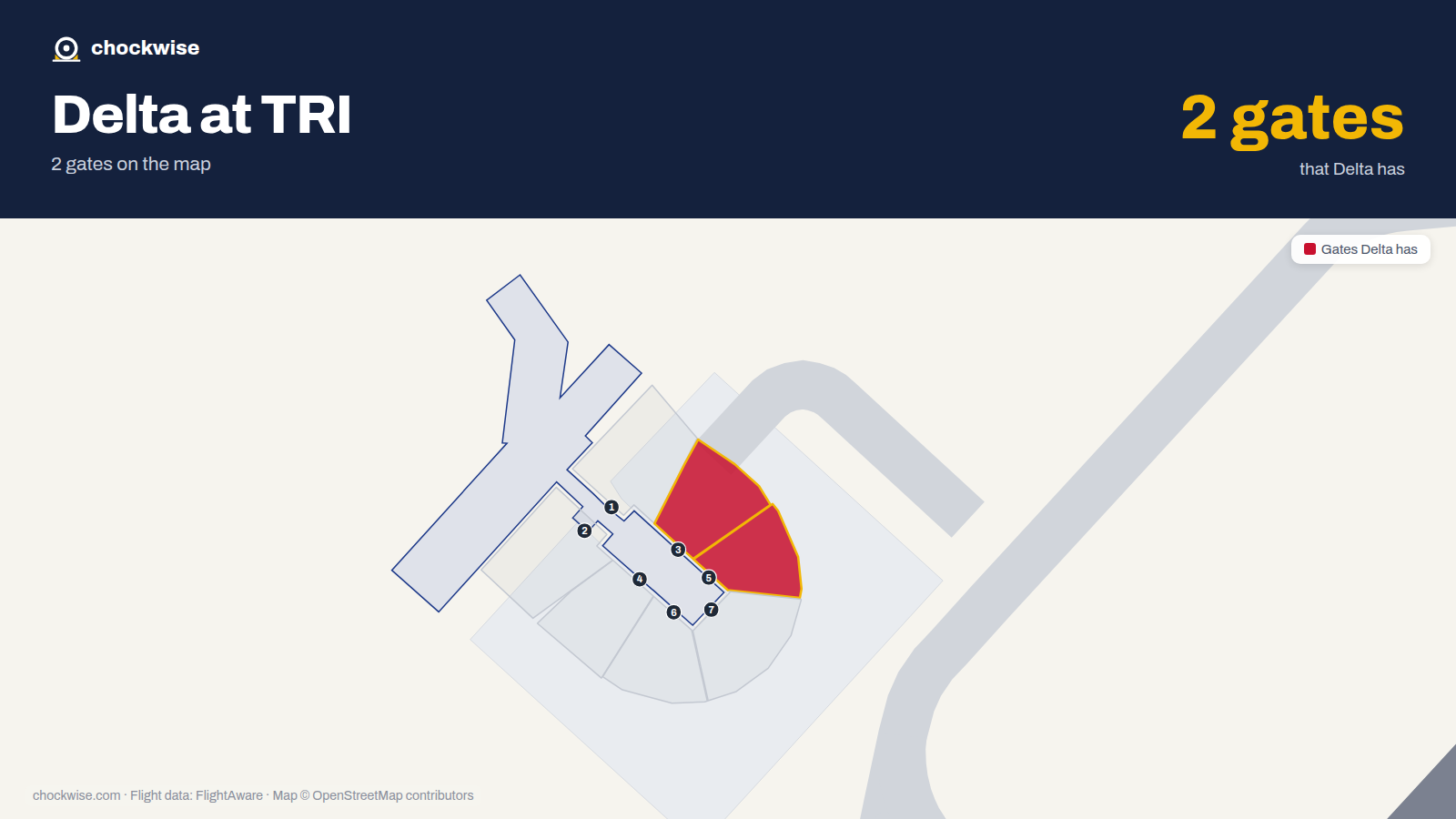 Map of TRI with the gates Delta Air Lines uses highlighted: 3 and 5.