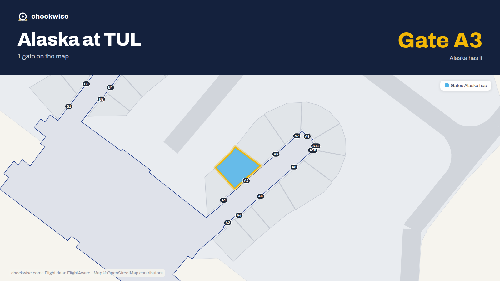 Map of TUL with the gates Alaska Airlines uses highlighted: A3.