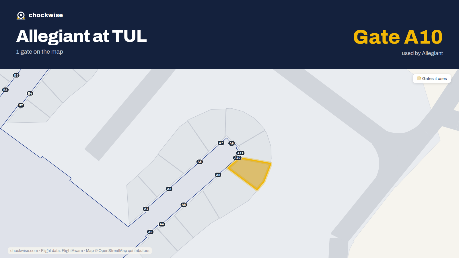 Map of TUL with the gates Allegiant Air uses highlighted: A10.