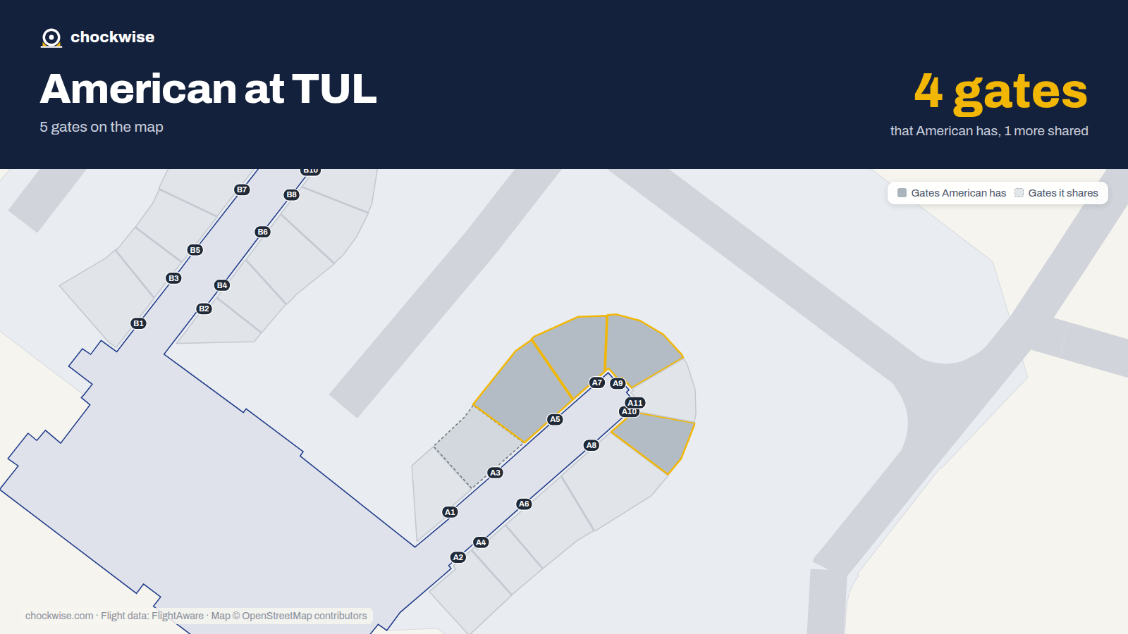 Map of TUL with the gates American Airlines uses highlighted: A5, A7, A9 and A10.