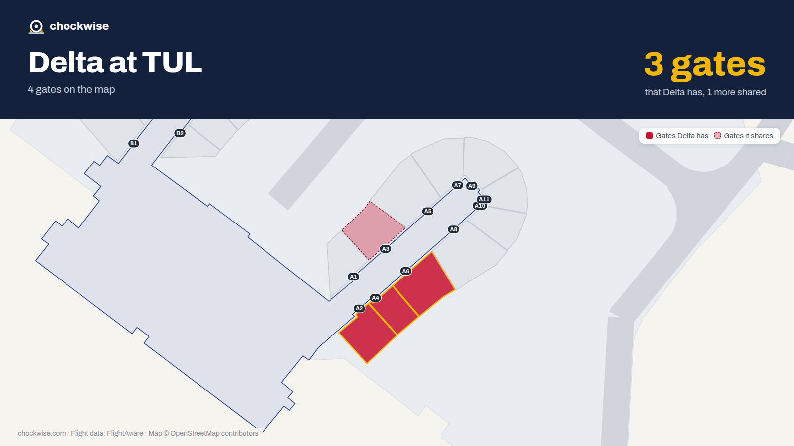 Map of TUL with the gates Delta Air Lines uses highlighted: A2, A4 and A6.