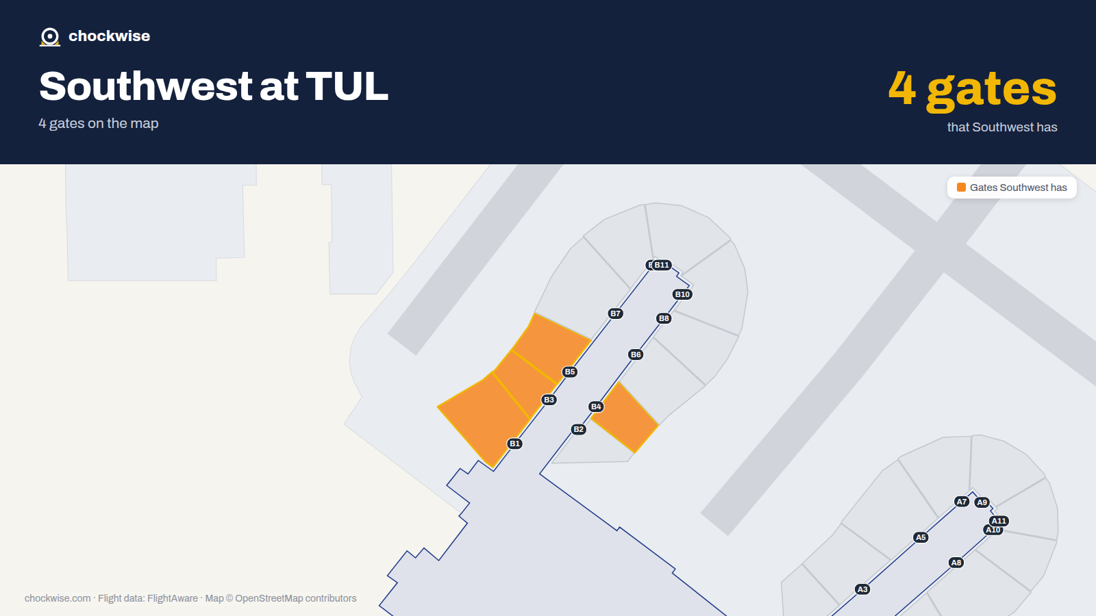 Map of TUL with the gates Southwest Airlines uses highlighted: B1, B3, B4 and B5.