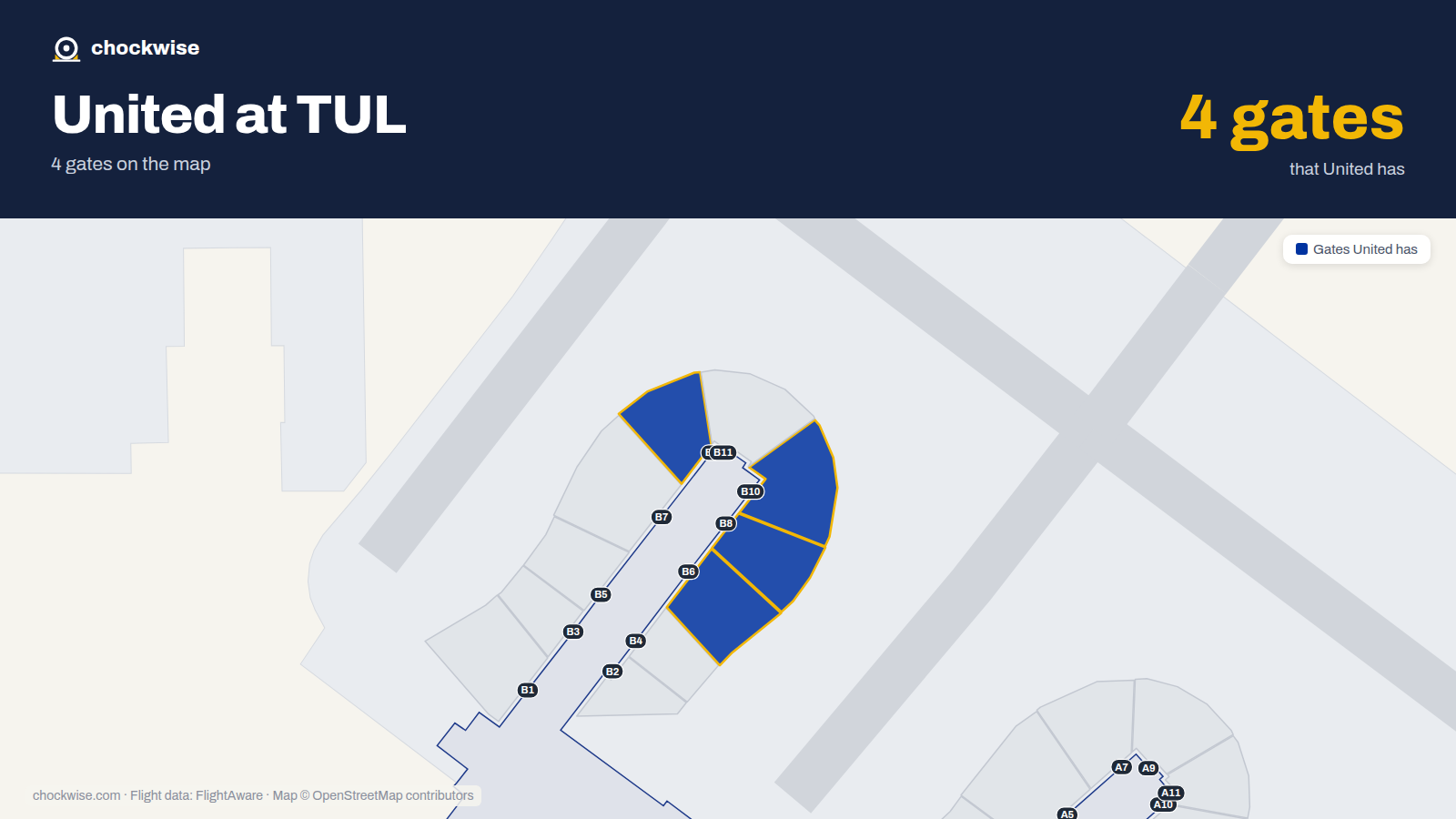 Map of TUL with the gates United Airlines uses highlighted: B6, B8, B9 and B10.