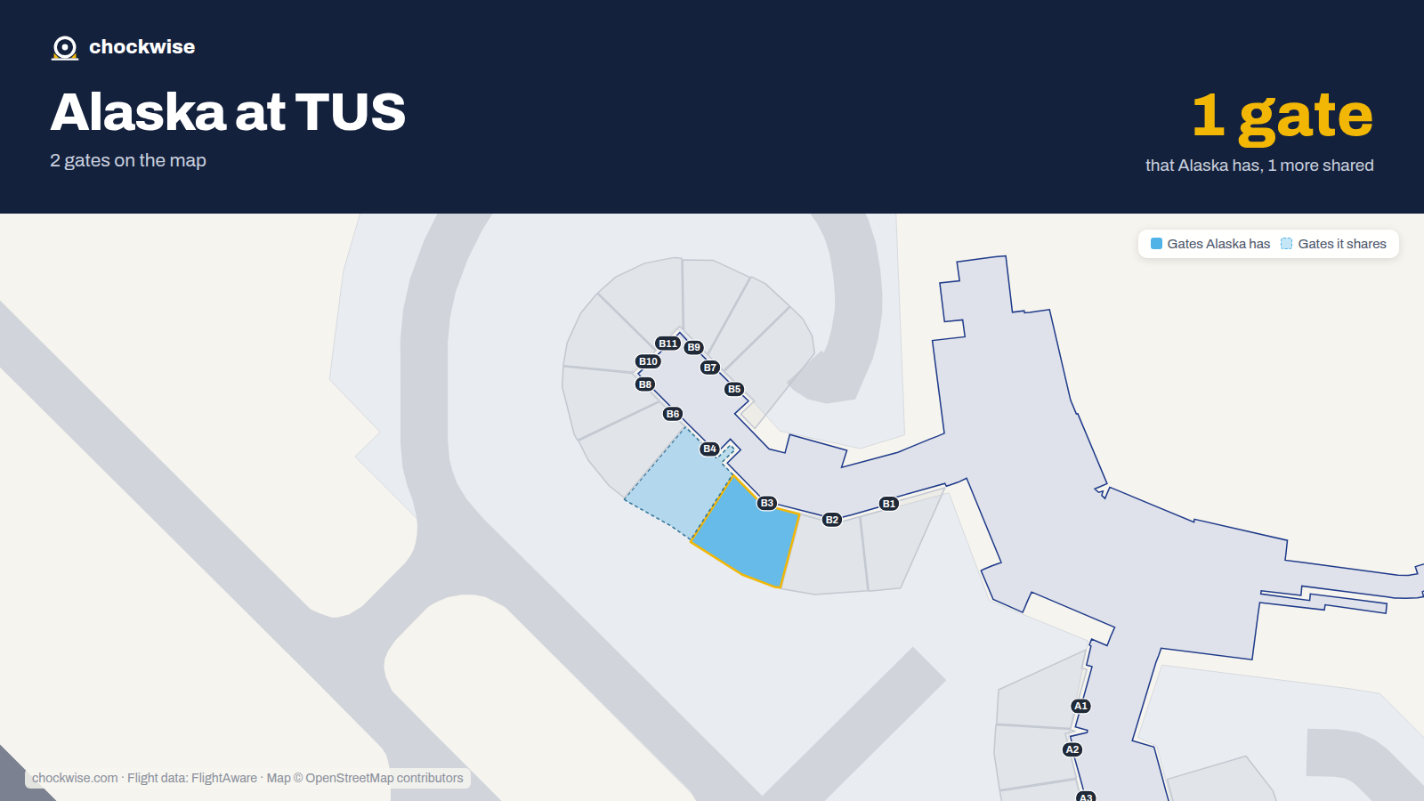 Map of TUS with the gates Alaska Airlines uses highlighted: B3.