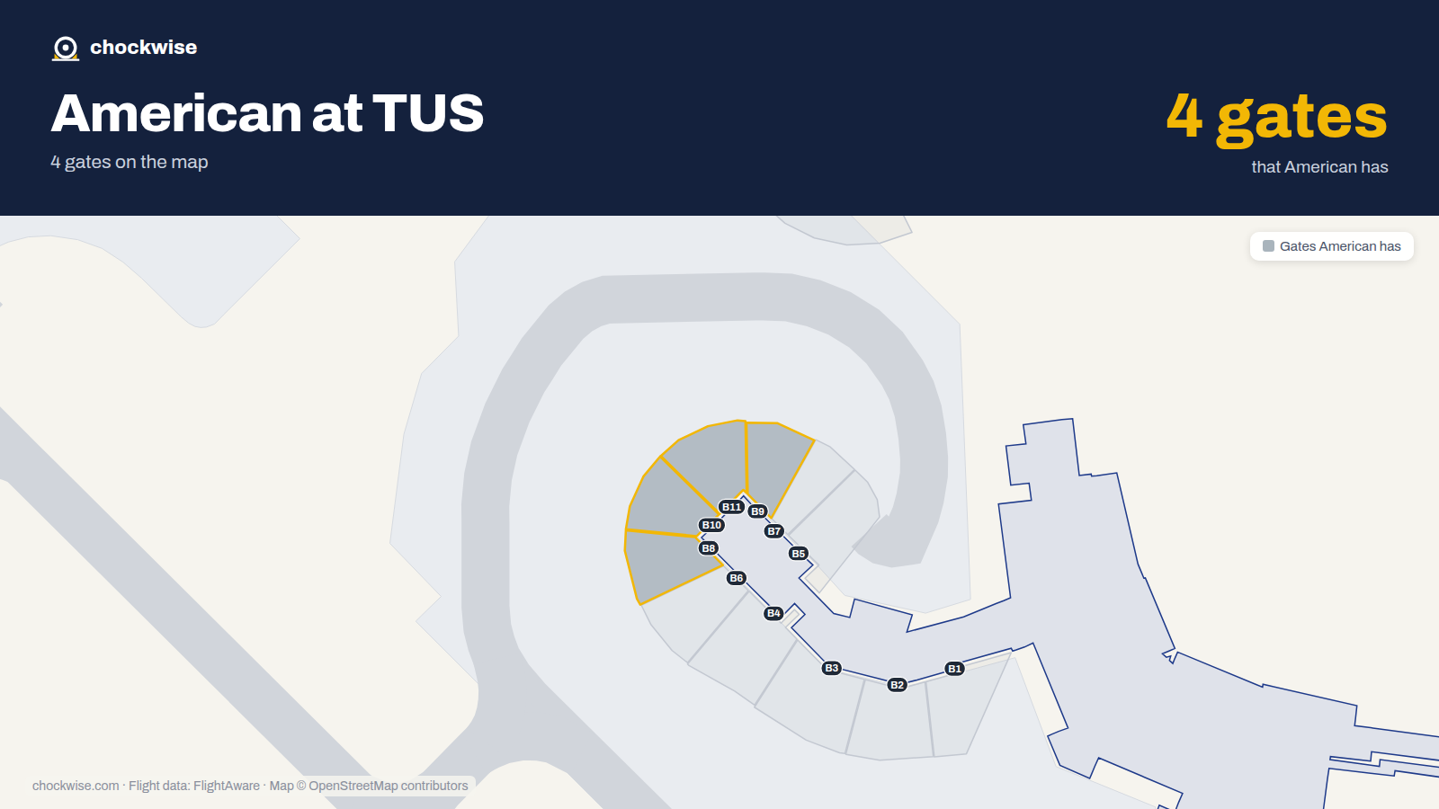 Map of TUS with the gates American Airlines uses highlighted: B8, B9, B10 and B11.