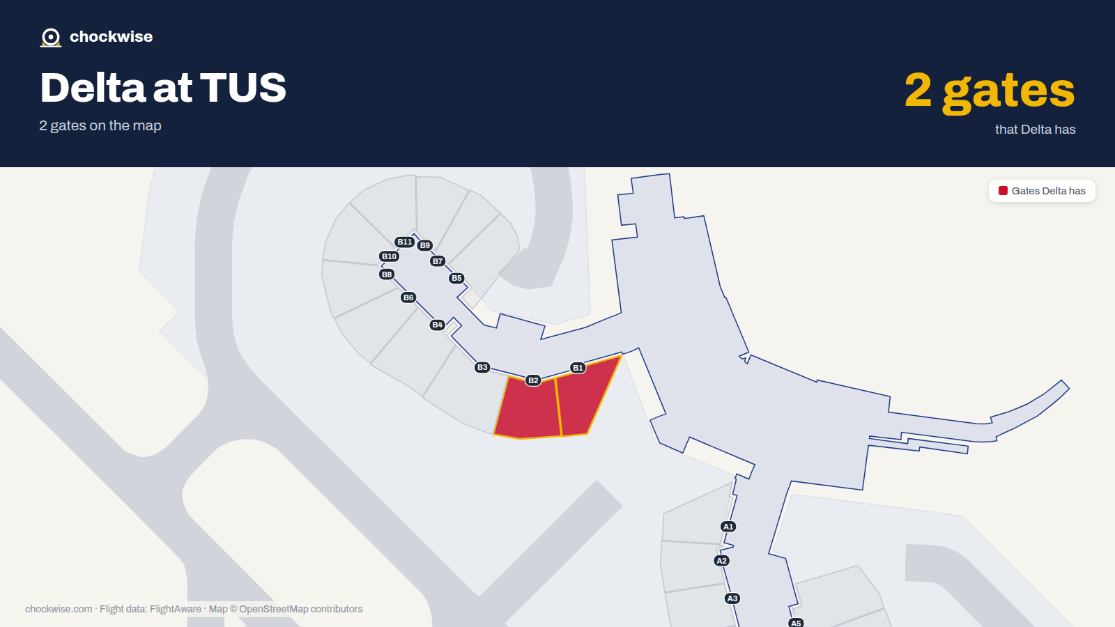 Map of TUS with the gates Delta Air Lines uses highlighted: B1 and B2.