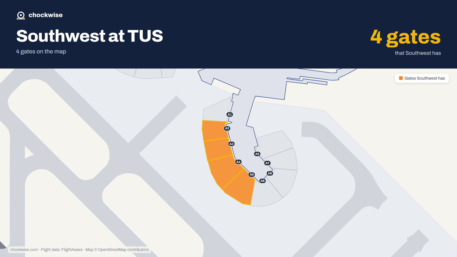 Map of TUS with the gates Southwest Airlines uses highlighted: A2, A3, A4 and A6.