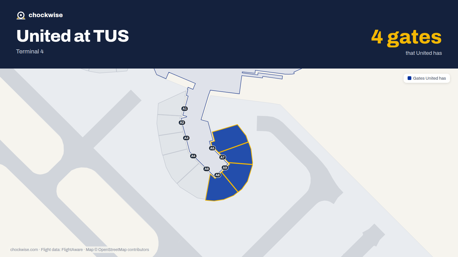 Map of TUS with the gates United Airlines uses highlighted: A5, A7, A8 and A9.