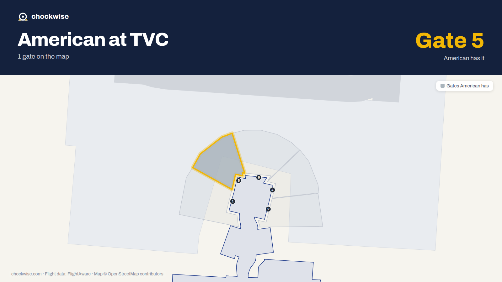 Map of TVC with the gates American Airlines uses highlighted: 5.