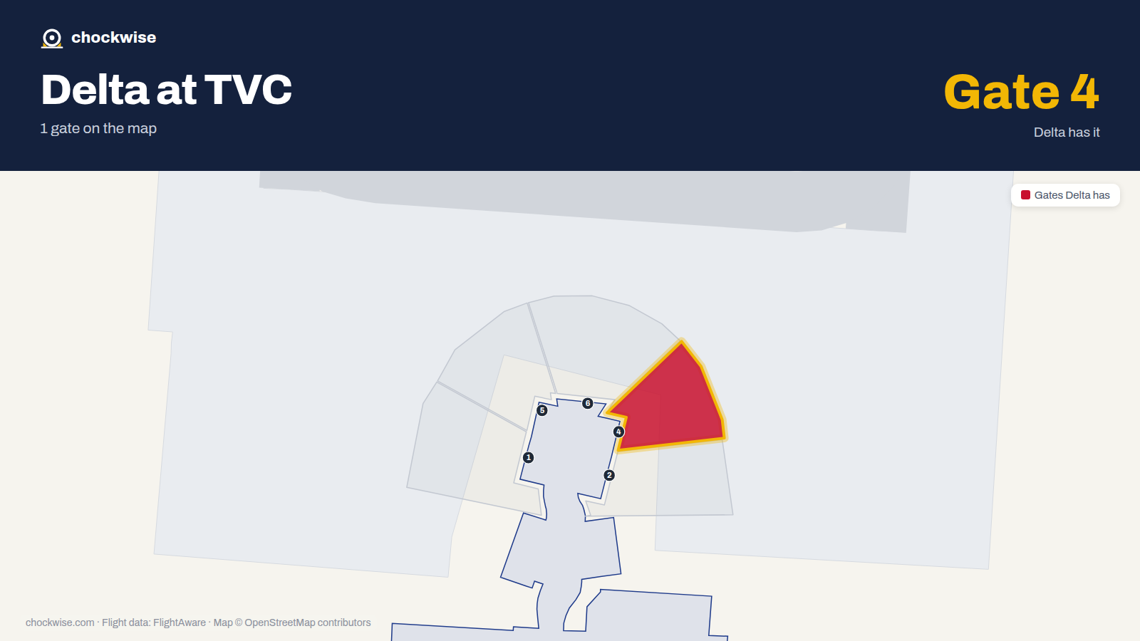 Map of TVC with the gates Delta Air Lines uses highlighted: 4.
