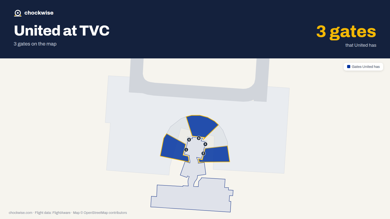 Map of TVC with the gates United Airlines uses highlighted: 1, 2 and 6.