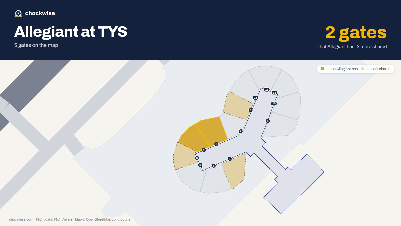 Map of TYS with the gates Allegiant Air uses highlighted: 2 and 4.