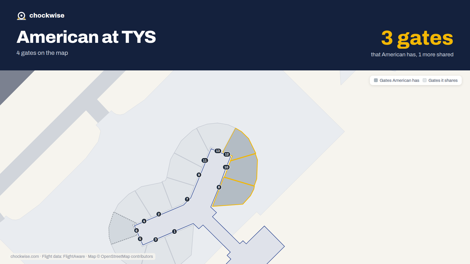 Map of TYS with the gates American Airlines uses highlighted: 8, 10 and 12.