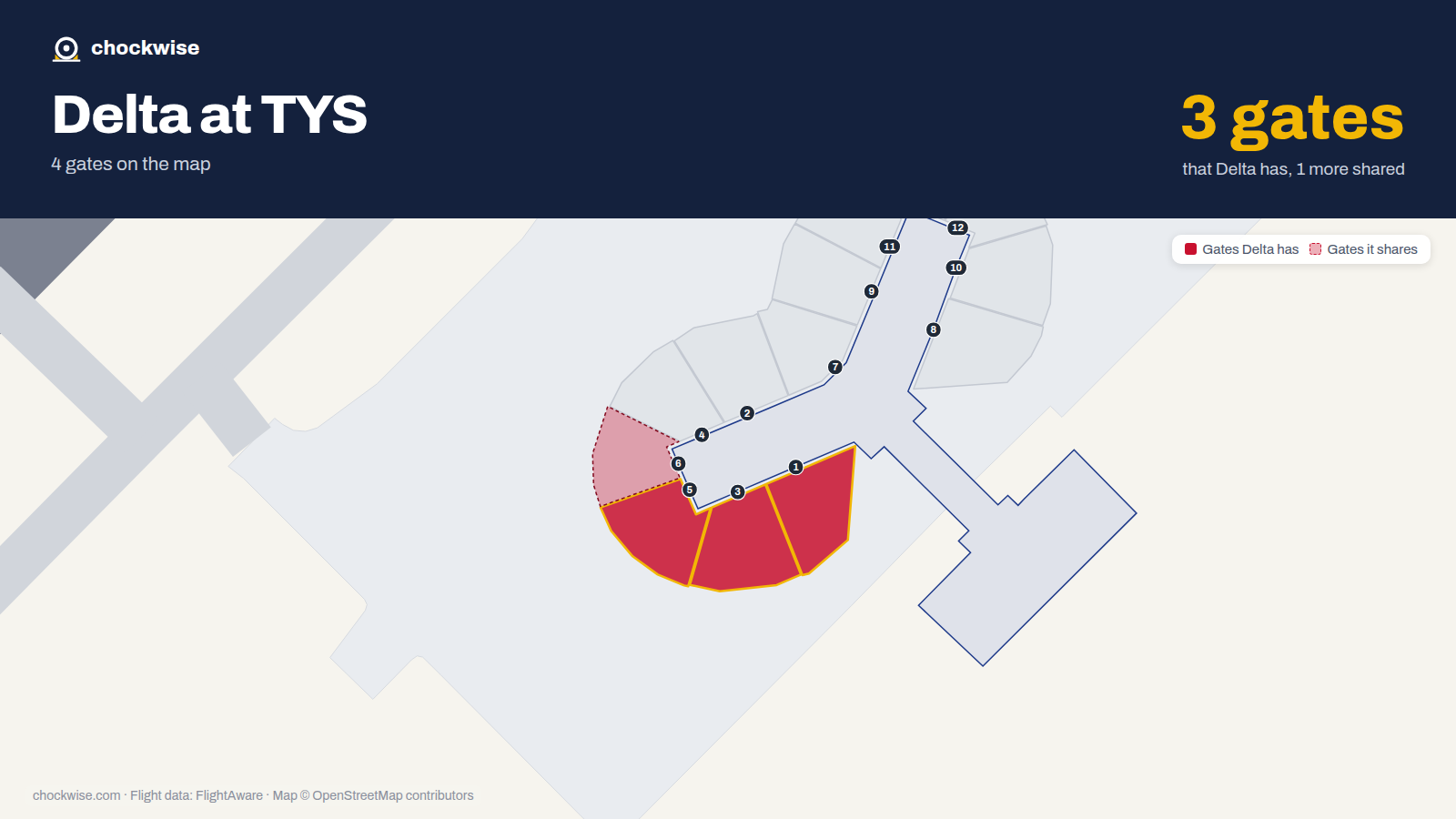 Map of TYS with the gates Delta Air Lines uses highlighted: 1, 3 and 5.