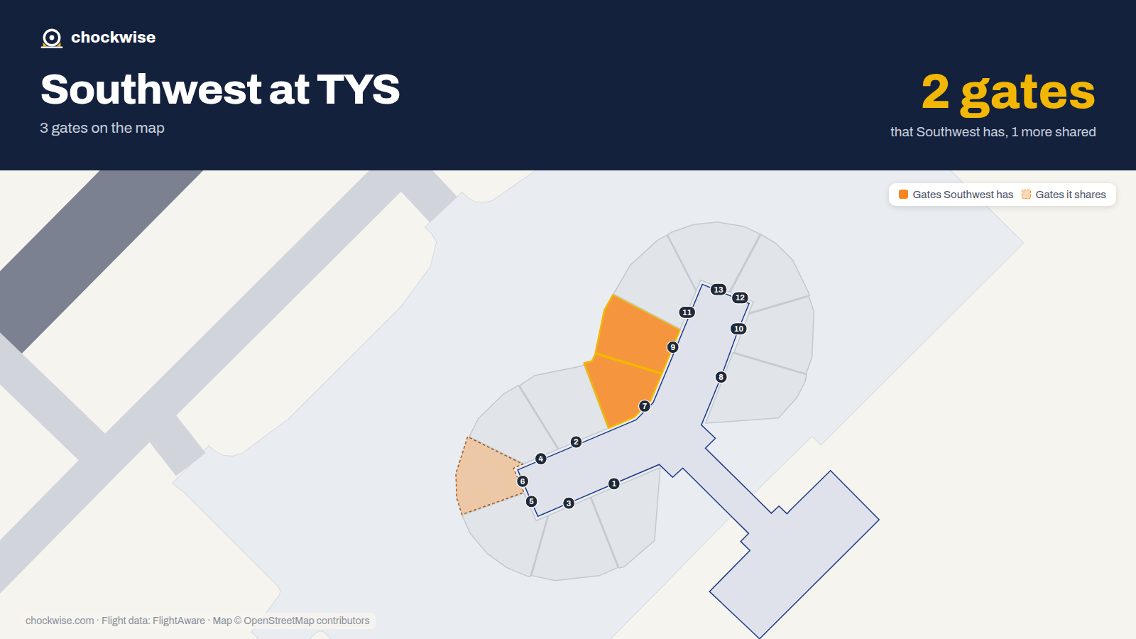 Map of TYS with the gates Southwest Airlines uses highlighted: 7 and 9.