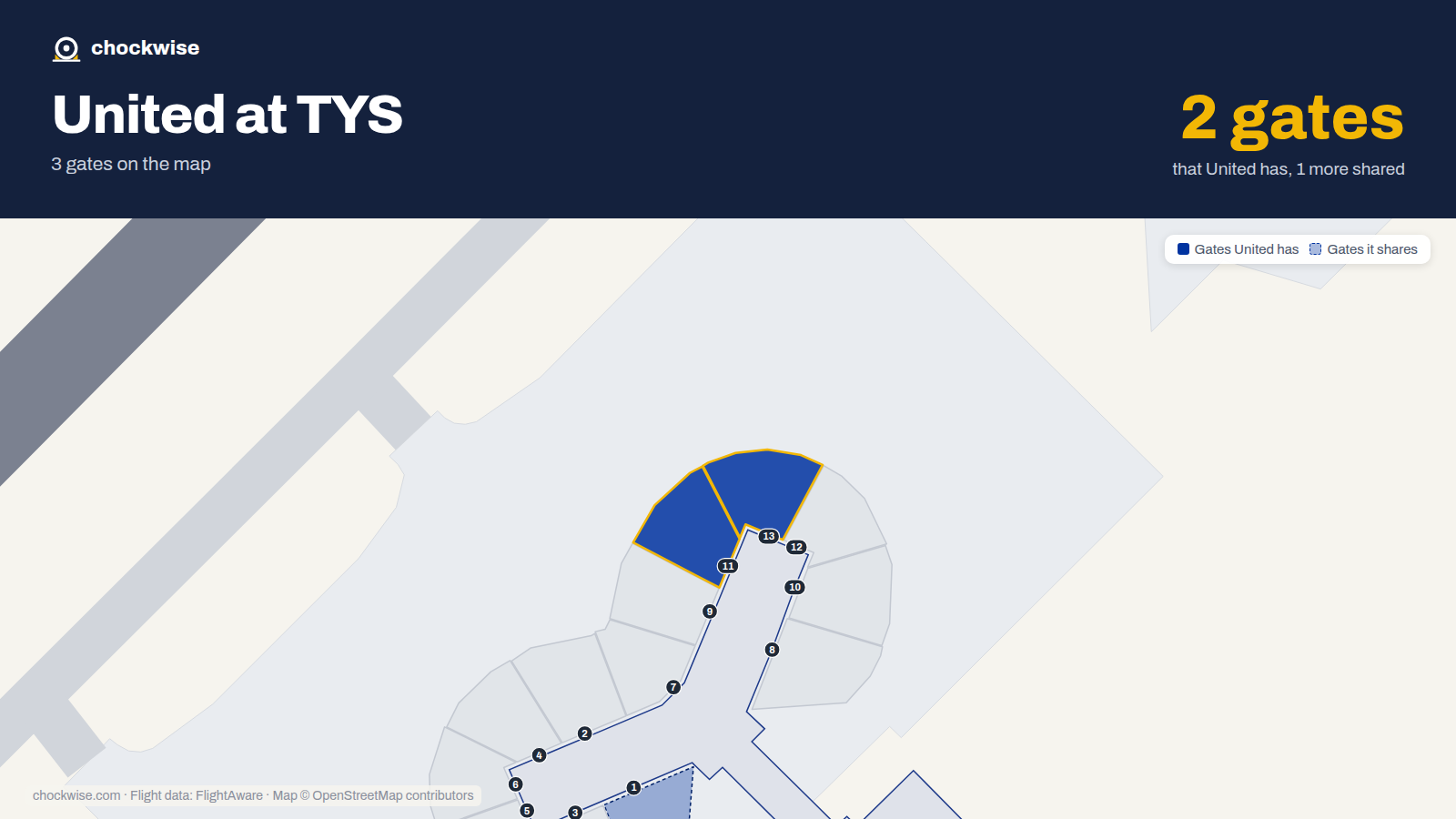 Map of TYS with the gates United Airlines uses highlighted: 11 and 13.