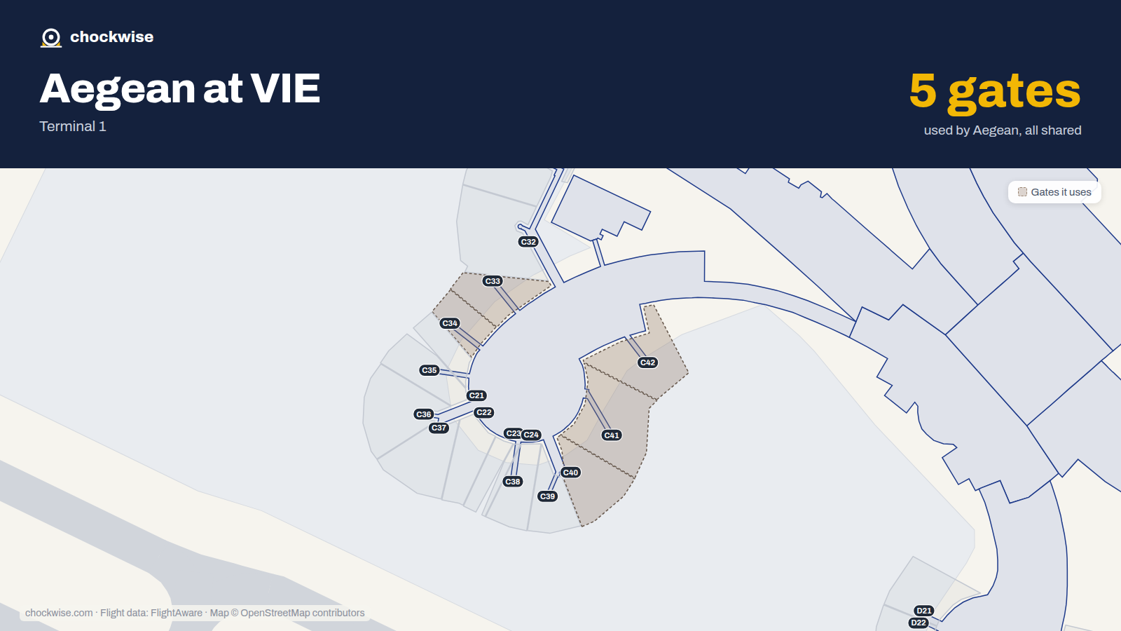 Map of VIE with the gates Aegean Airlines uses highlighted: C33, C34, C40, C41 and C42.