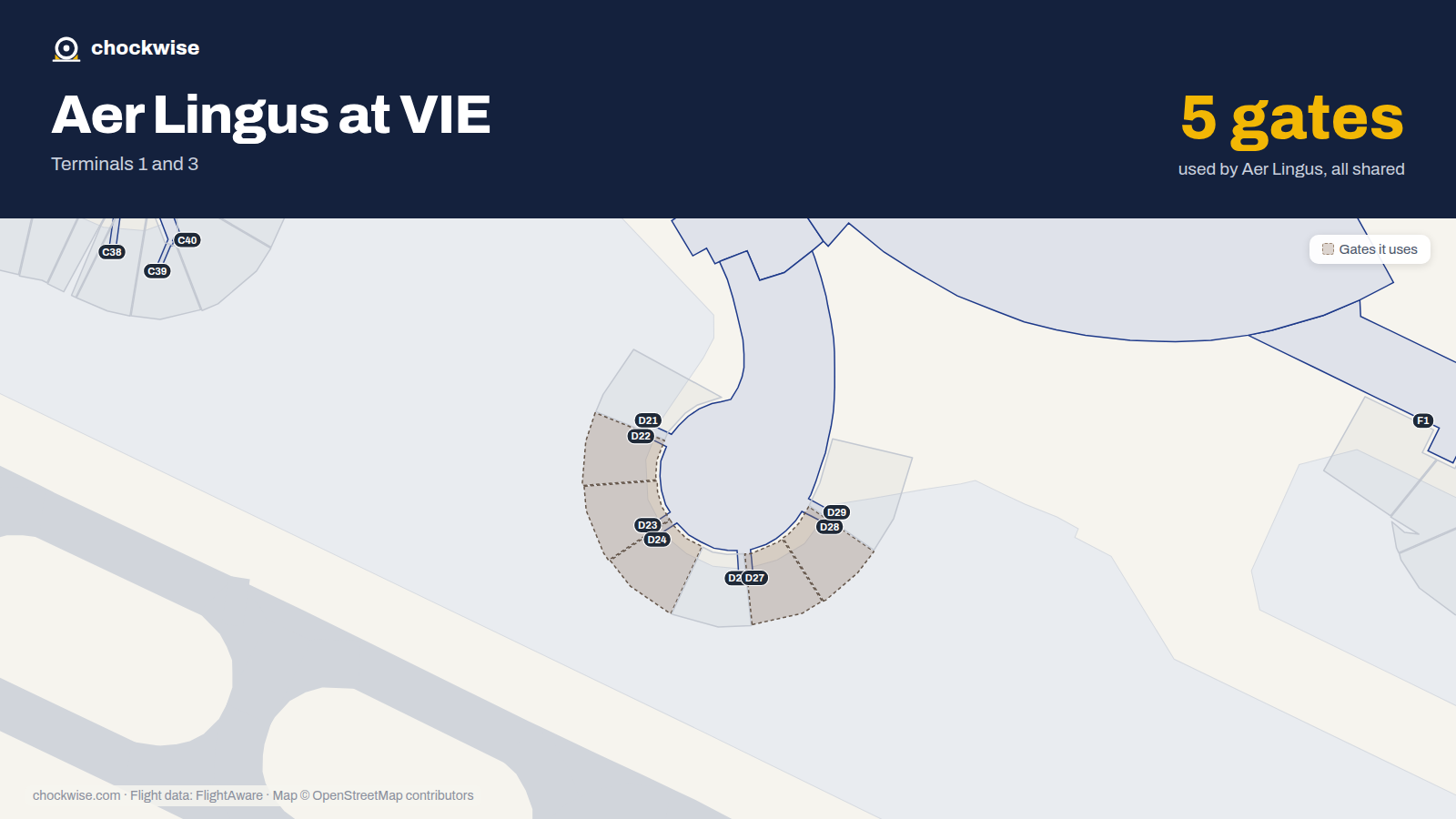 Map of VIE with the gates Aer Lingus uses highlighted: D22, D23, D24, D27 and D28.