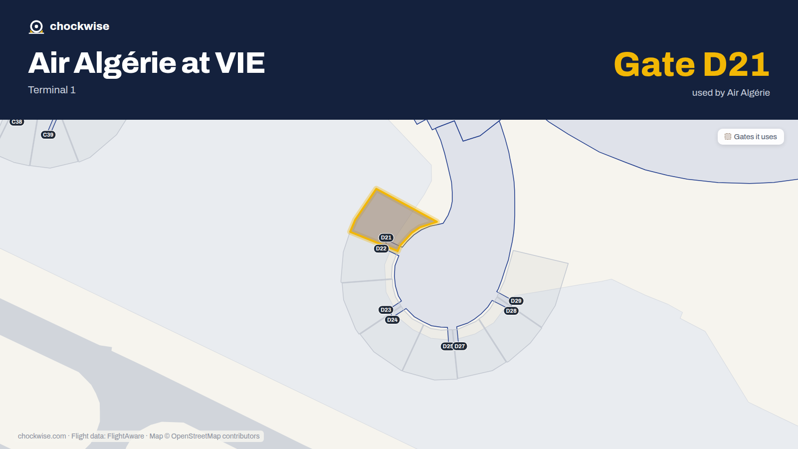 Map of VIE with the gates Air Algérie uses highlighted: D21.