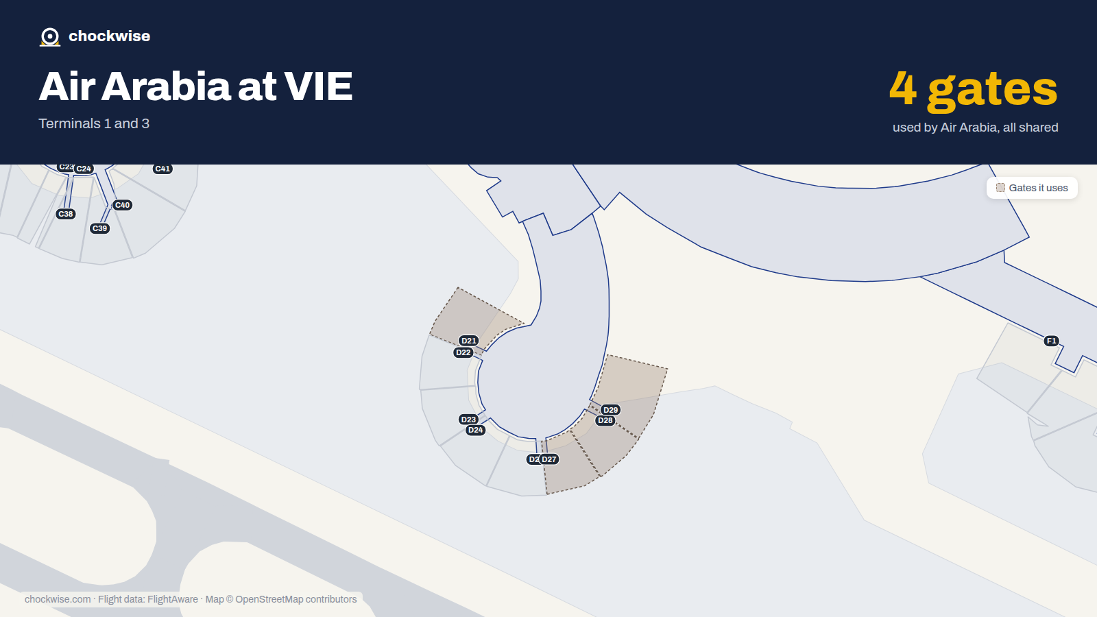 Map of VIE with the gates Air Arabia uses highlighted: D21, D27, D28 and D29.