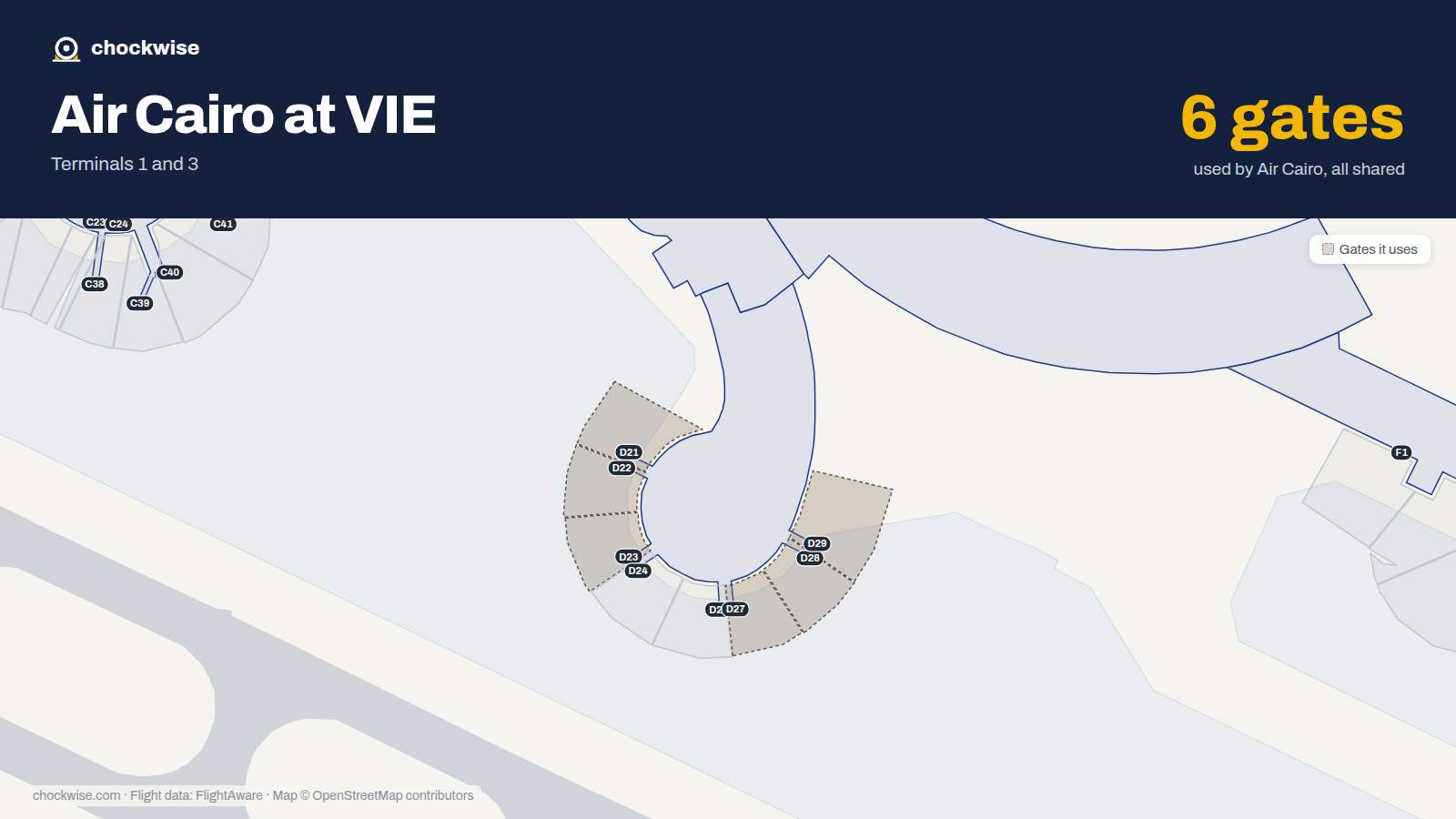 Map of VIE with the gates Air Cairo uses highlighted: D21, D22, D23, D27, D28 and D29.